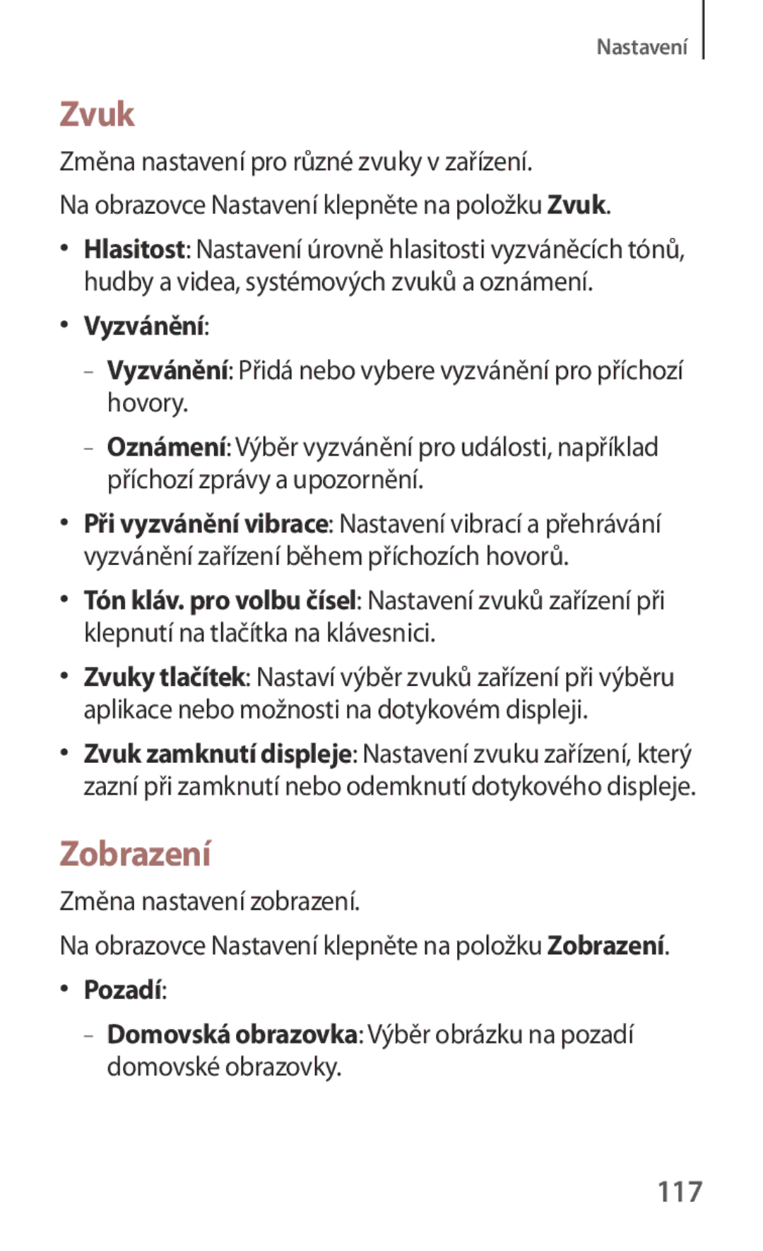 Samsung SM-G130HZANTMS, SM-G130HZWNCOS, SM-G130HZWNEUR, SM-G130HZANCOS, SM-G130HZWNVGR manual Zobrazení, 117, Vyzvánění, Pozadí 