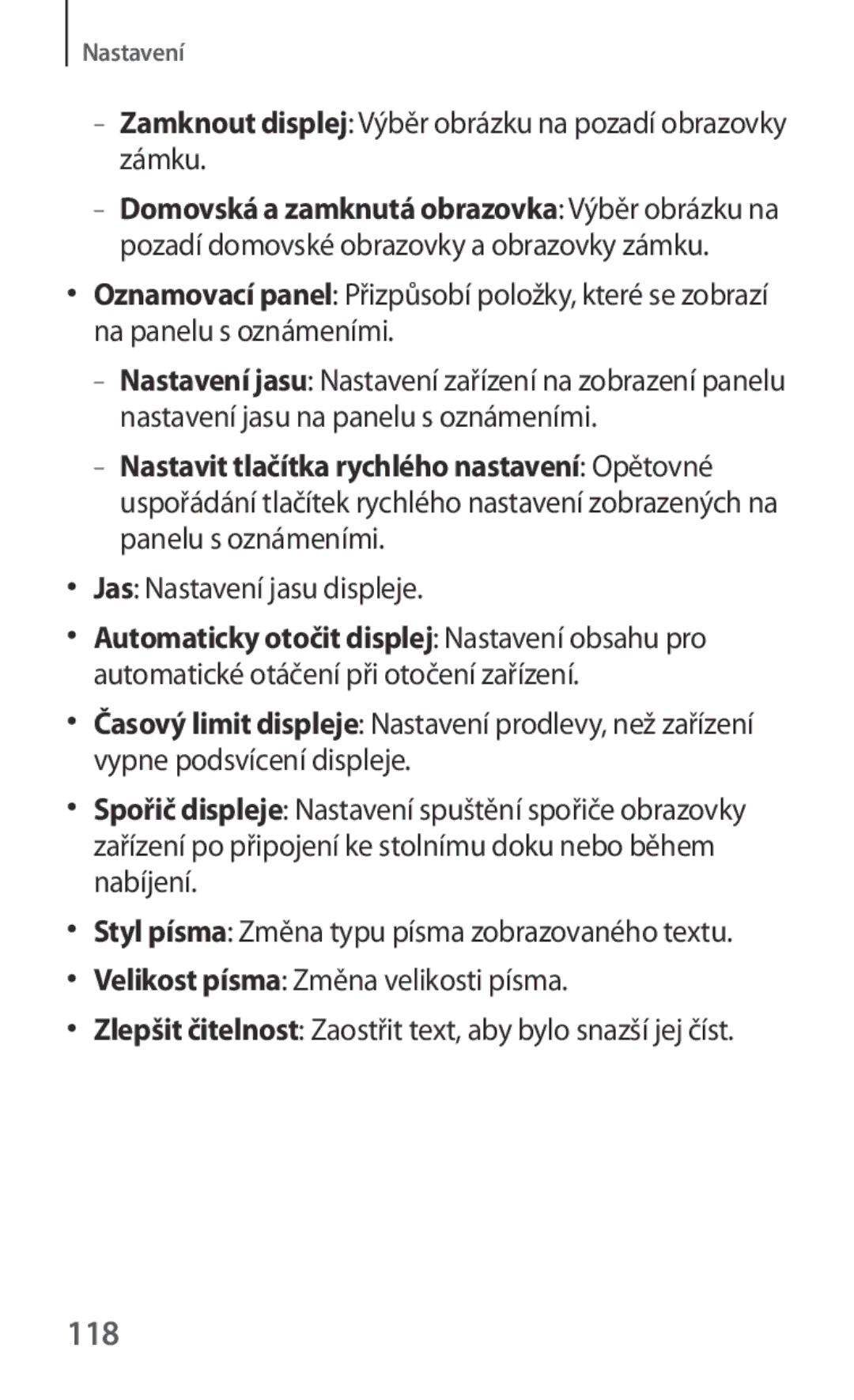 Samsung SM-G130HZANSWC manual 118, Zamknout displej Výběr obrázku na pozadí obrazovky zámku, Jas Nastavení jasu displeje 