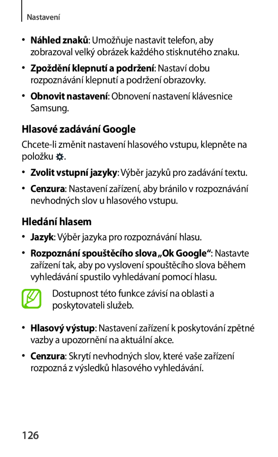 Samsung SM-G130HZWNVGR manual Hlasové zadávání Google, Hledání hlasem, 126, Jazyk Výběr jazyka pro rozpoznávání hlasu 