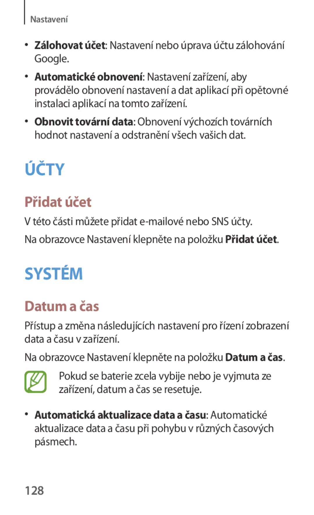 Samsung SM-G130HZWNATO manual Přidat účet, Datum a čas, 128, Zálohovat účet Nastavení nebo úprava účtu zálohování Google 