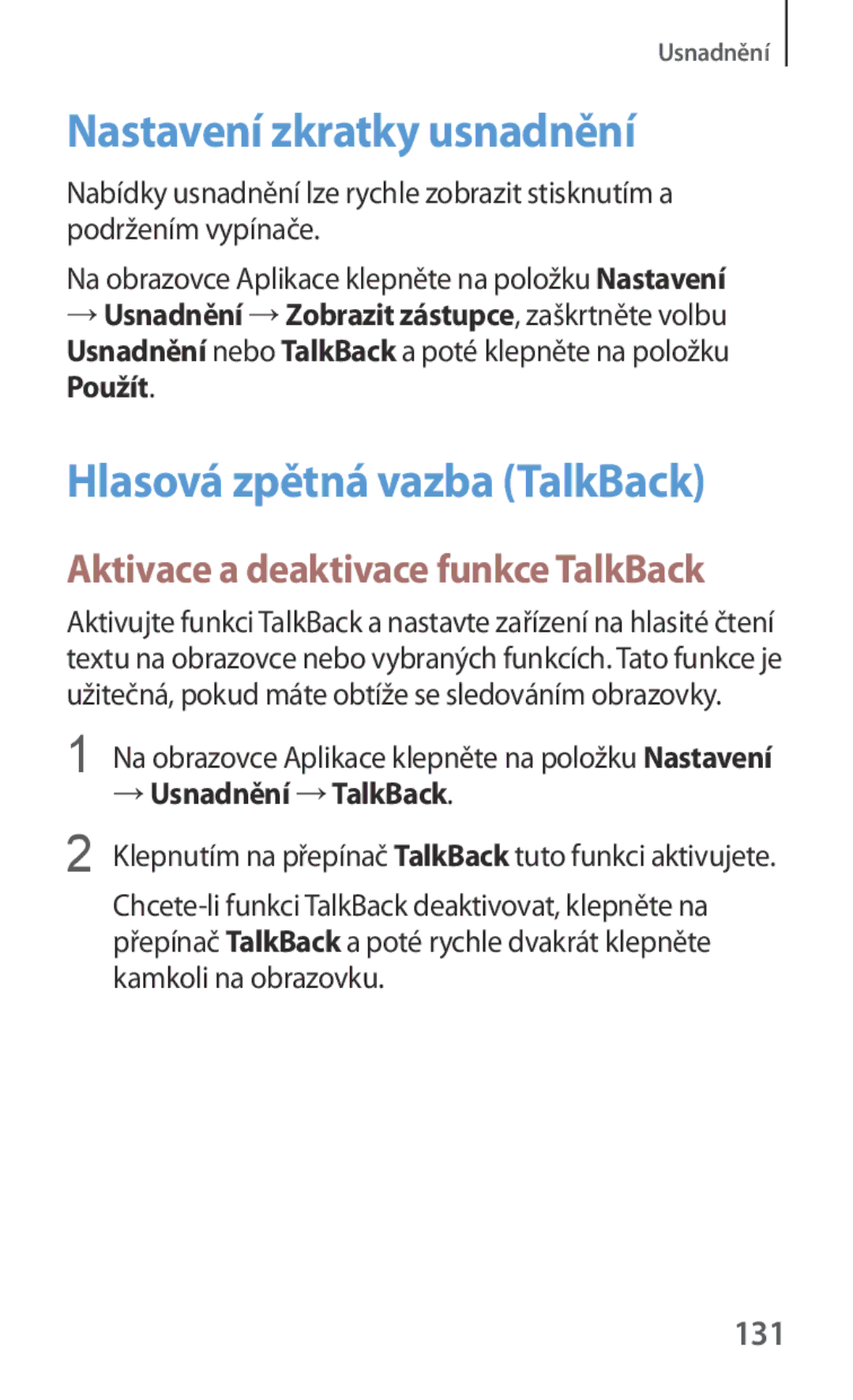 Samsung SM-G130HZANVGR Nastavení zkratky usnadnění, Aktivace a deaktivace funkce TalkBack, 131, → Usnadnění →TalkBack 