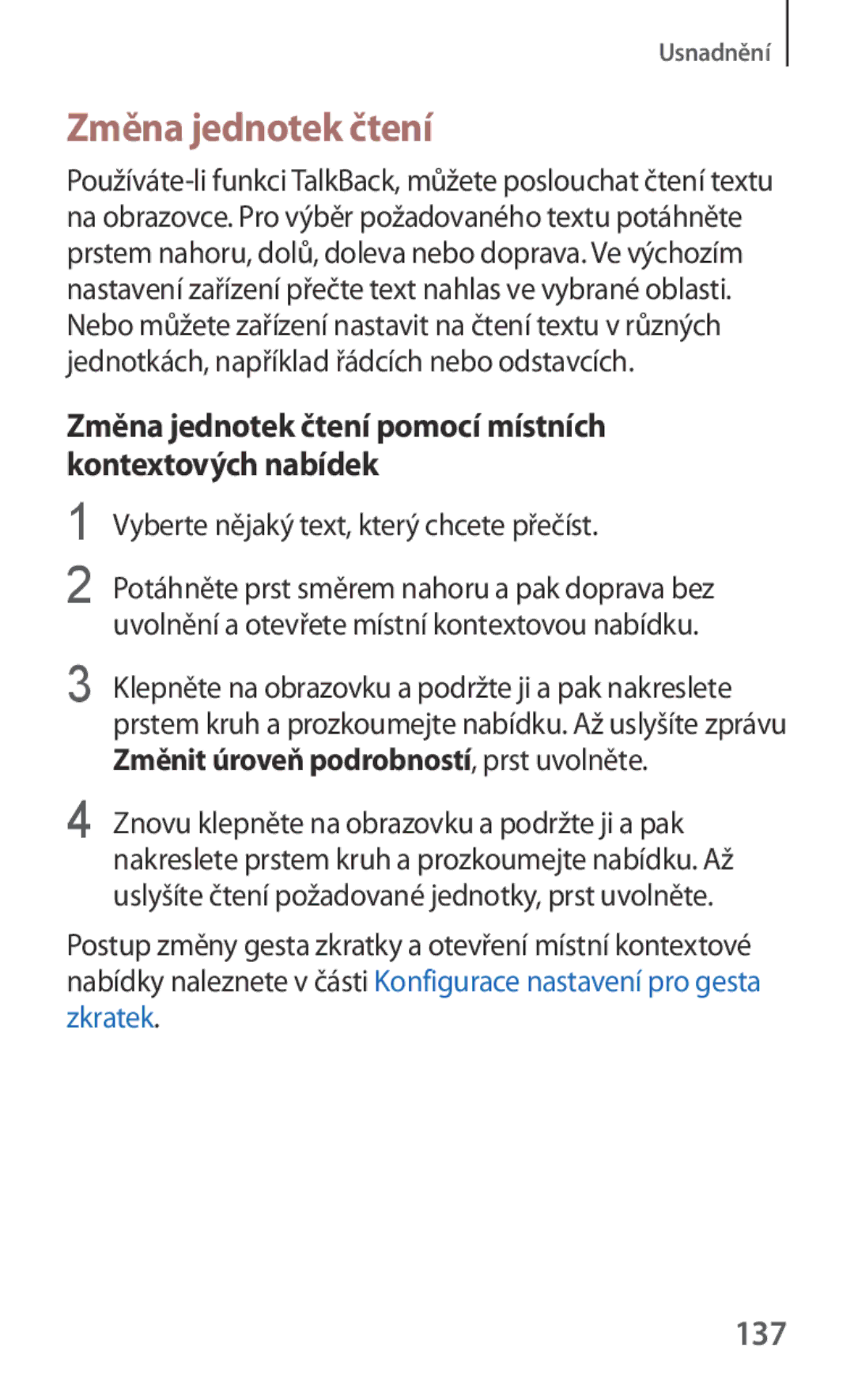 Samsung SM2G130HZWNORS, SM-G130HZWNCOS, SM-G130HZWNEUR Změna jednotek čtení pomocí místních kontextových nabídek, 137 