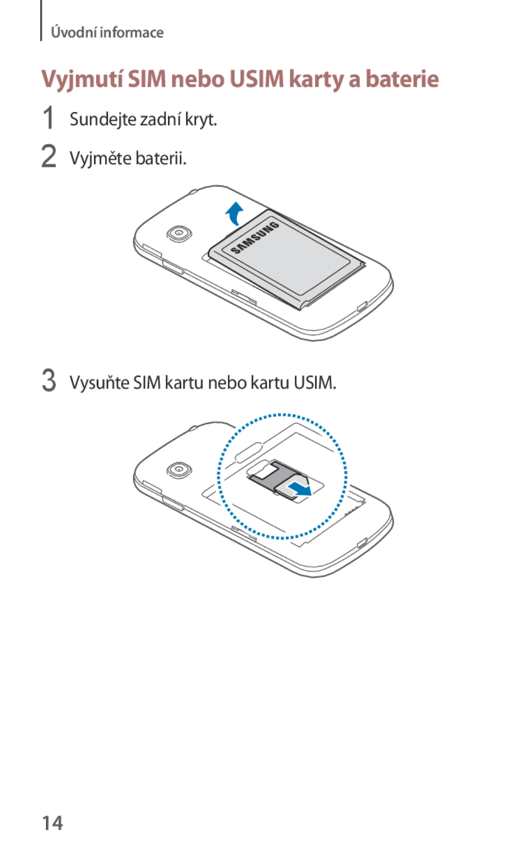 Samsung SM2G130HZWNORS, SM-G130HZWNCOS manual Vyjmutí SIM nebo Usim karty a baterie, Vysuňte SIM kartu nebo kartu Usim 