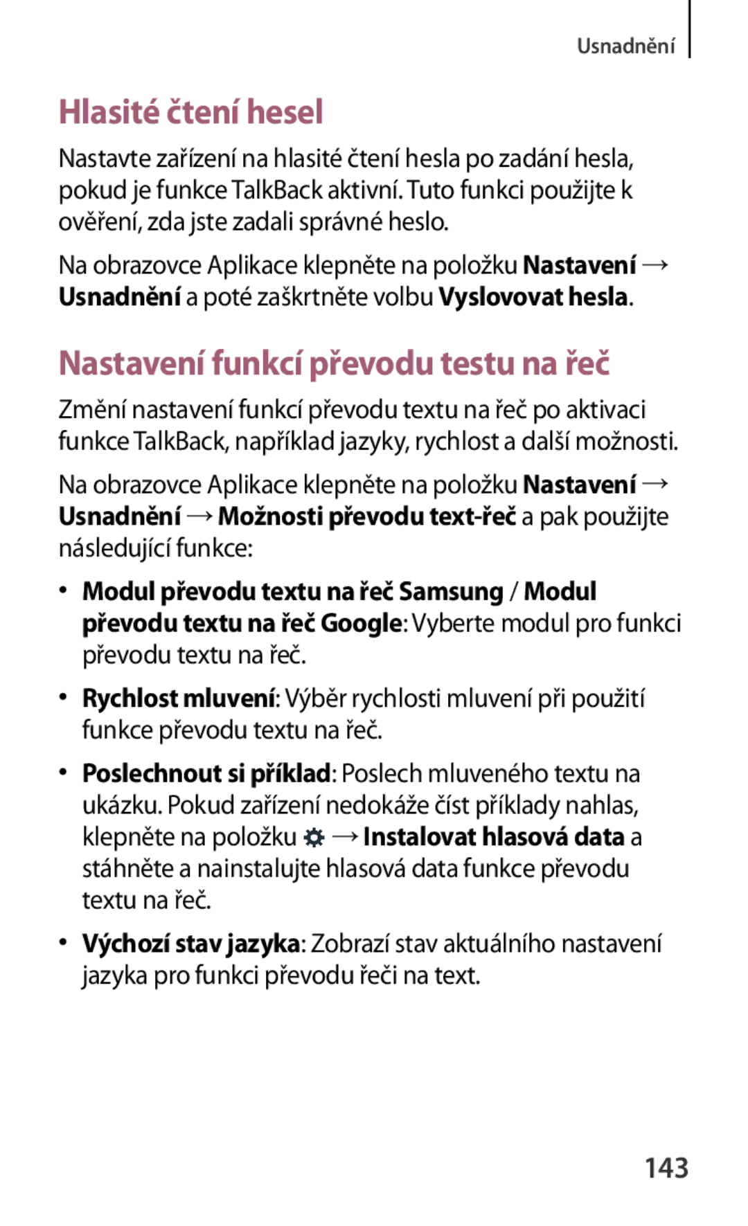 Samsung SM-G130HZWNVDH, SM-G130HZWNCOS, SM-G130HZWNEUR manual Hlasité čtení hesel, Nastavení funkcí převodu testu na řeč, 143 