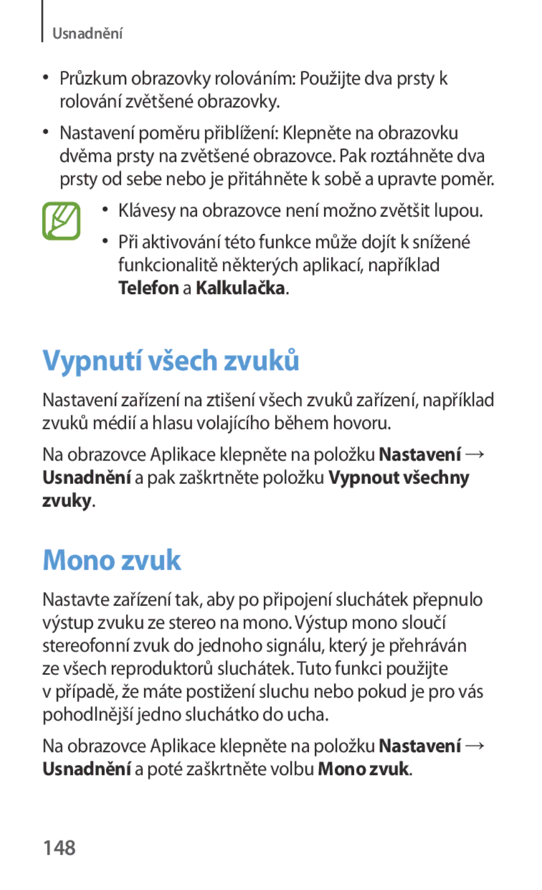 Samsung SM2G130HZWNORX, SM-G130HZWNCOS, SM-G130HZWNEUR, SM-G130HZANCOS, SM-G130HZWNVGR Vypnutí všech zvuků, Mono zvuk, 148 