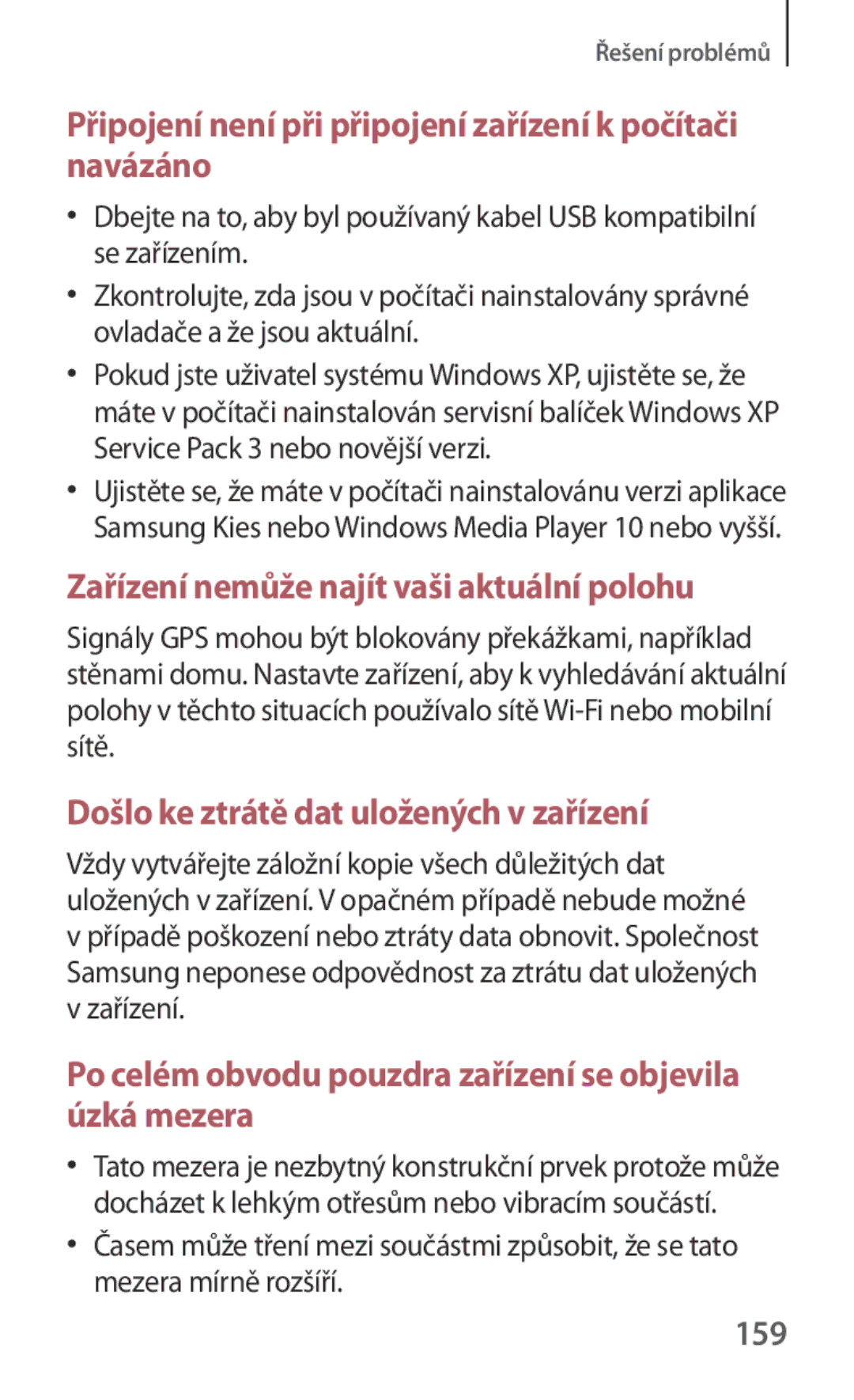 Samsung SM-G130HZANSWC, SM-G130HZWNCOS, SM-G130HZWNEUR manual Připojení není při připojení zařízení k počítači navázáno, 159 