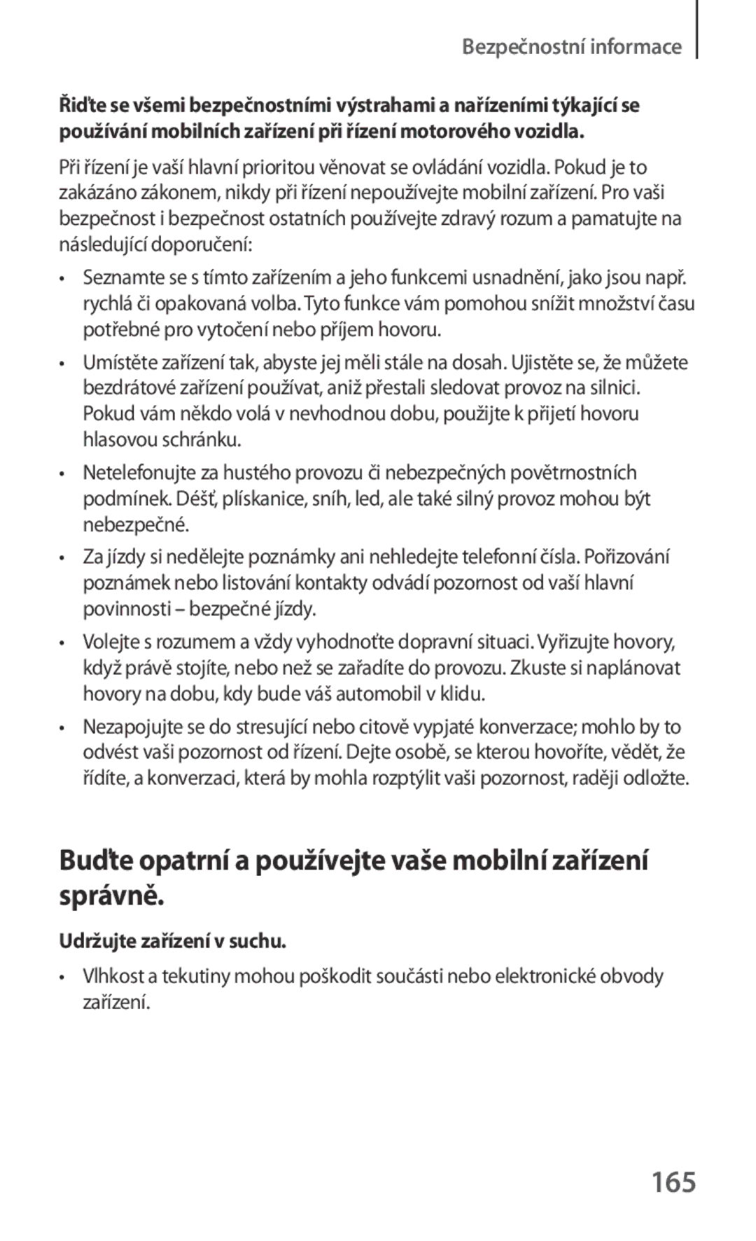 Samsung SM-G130HZWNEUR, SM-G130HZWNCOS, SM-G130HZANCOS manual Buďte opatrní a používejte vaše mobilní zařízení správně, 165 