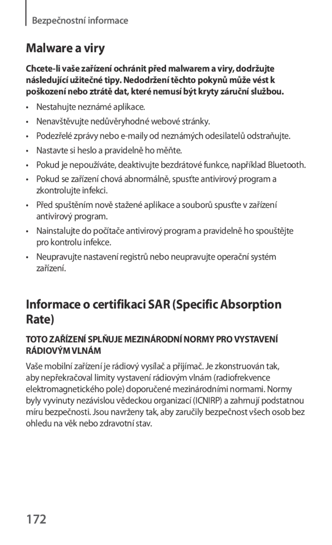 Samsung SM-G130HZANVGR, SM-G130HZWNCOS manual Malware a viry, Informace o certifikaci SAR Specific Absorption Rate, 172 