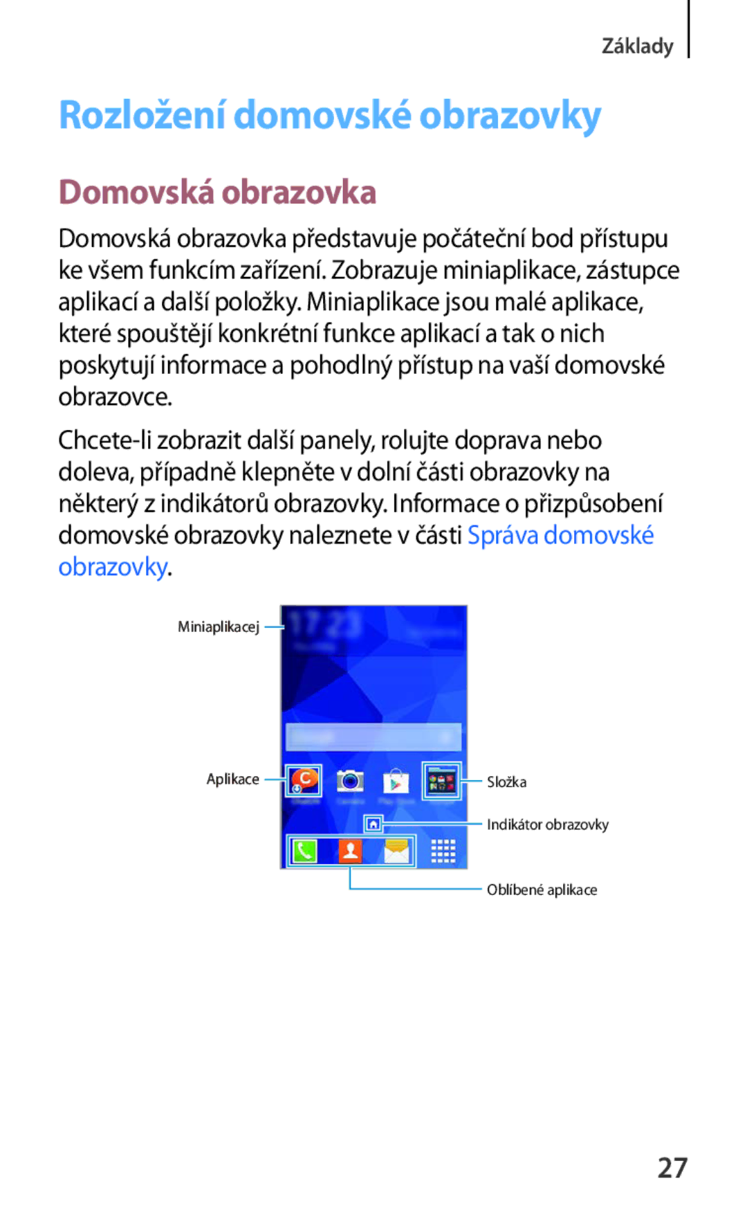 Samsung SM2G130HZANTMS, SM-G130HZWNCOS, SM-G130HZWNEUR, SM-G130HZANCOS manual Rozložení domovské obrazovky, Domovská obrazovka 