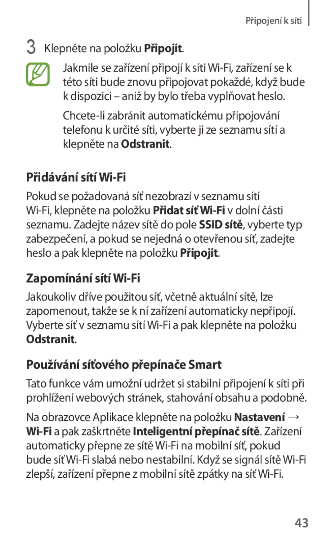 Samsung SM-G130HZANCOS, SM-G130HZWNCOS Přidávání sítí Wi-Fi, Zapomínání sítí Wi-Fi, Používání síťového přepínače Smart 