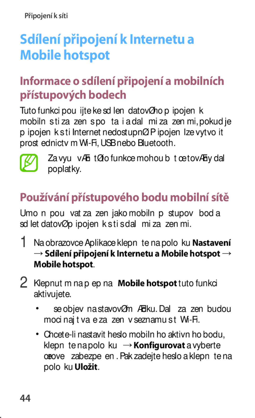 Samsung SM-G130HZWNVGR manual Za využívání této funkce mohou být účtovány další poplatky, Mobile hotspot, Aktivujete 