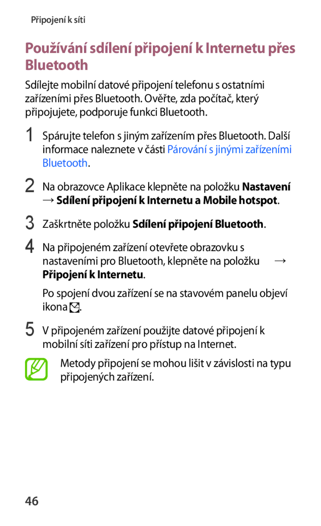 Samsung SM-G130HZWNATO, SM-G130HZWNCOS, SM-G130HZWNEUR manual Používání sdílení připojení k Internetu přes Bluetooth 
