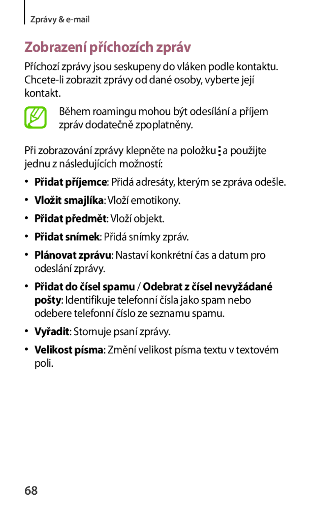 Samsung SM2G130HZANTMS, SM-G130HZWNCOS, SM-G130HZWNEUR, SM-G130HZANCOS, SM-G130HZWNVGR manual Zobrazení příchozích zpráv 