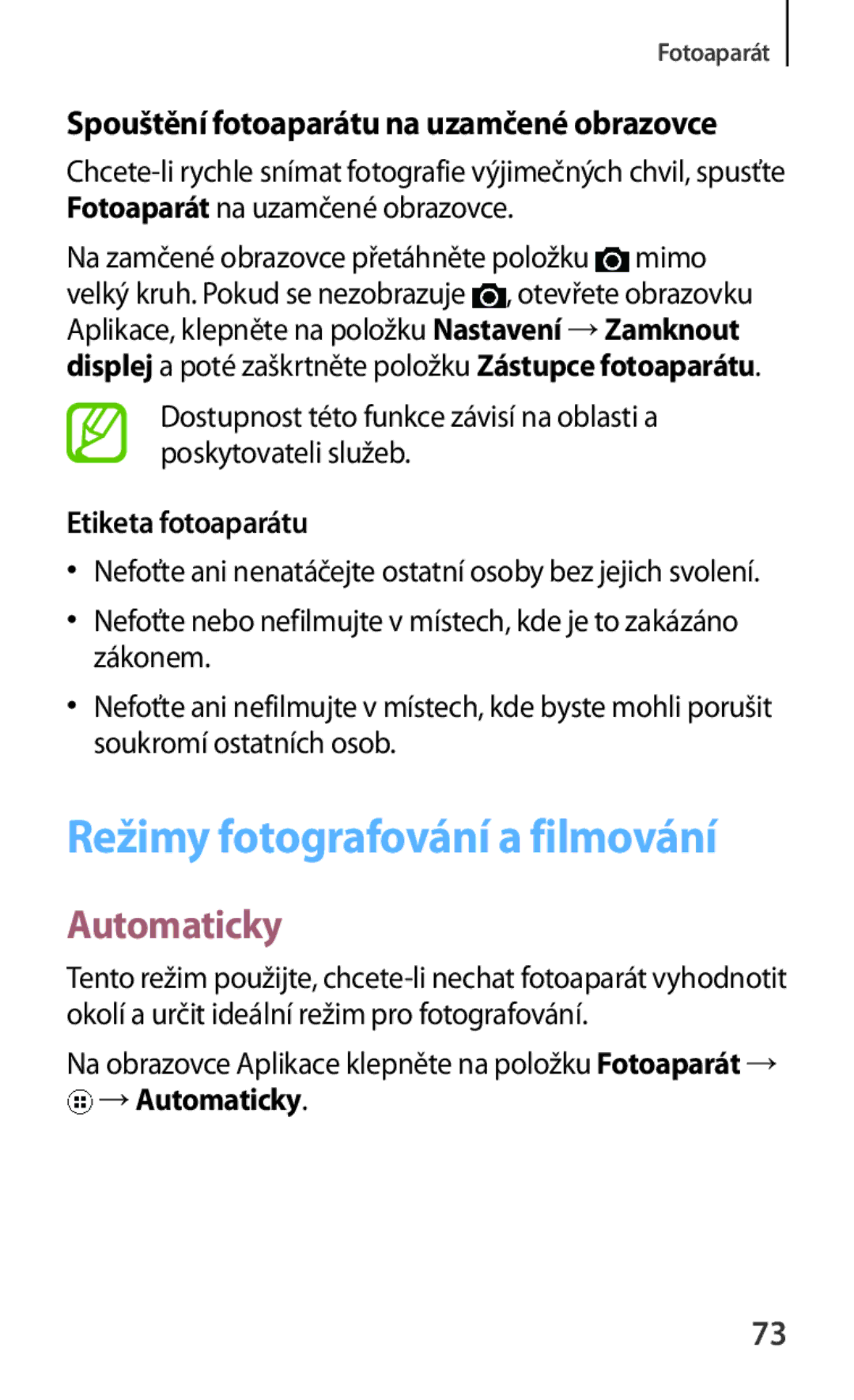 Samsung SM2G130HZANTMH, SM-G130HZWNCOS Spouštění fotoaparátu na uzamčené obrazovce, Etiketa fotoaparátu, →Automaticky 