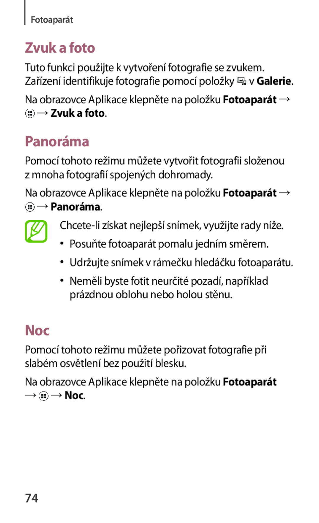 Samsung SM-G130HZWNPAN, SM-G130HZWNCOS, SM-G130HZWNEUR, SM-G130HZANCOS, SM-G130HZWNVGR manual Zvuk a foto, Panoráma, Noc 