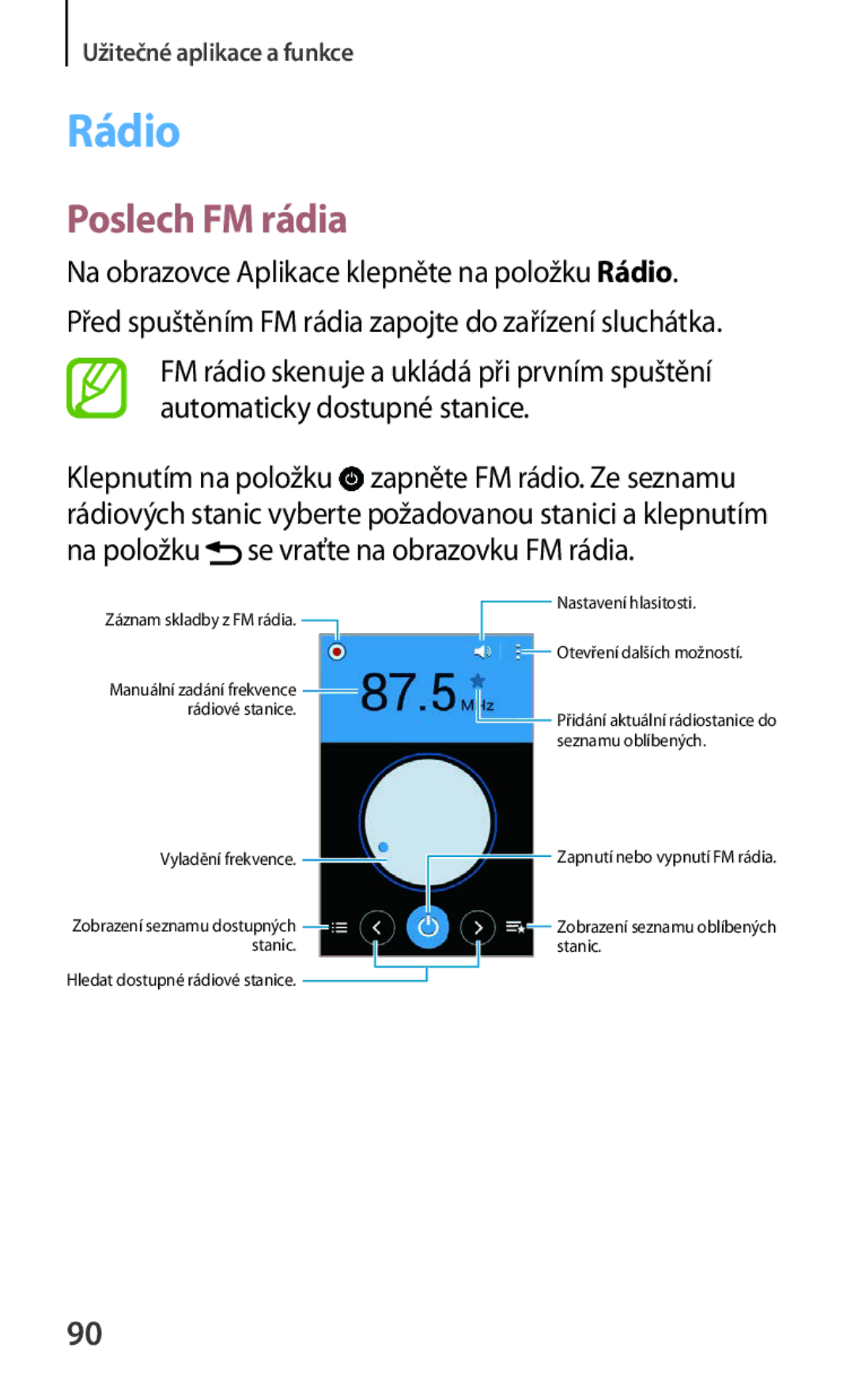 Samsung SM-G130HZANVGR, SM-G130HZWNCOS, SM-G130HZWNEUR, SM-G130HZANCOS, SM-G130HZWNVGR, SM-G130HZANEUR Rádio, Poslech FM rádia 