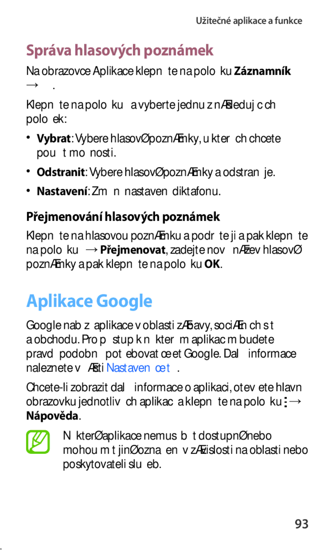 Samsung SM2G130HZANTMZ, SM-G130HZWNCOS manual Aplikace Google, Správa hlasových poznámek, Přejmenování hlasových poznámek 