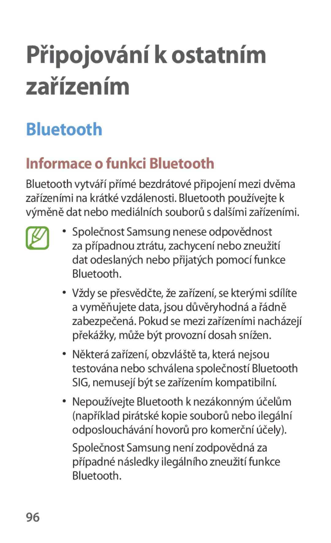 Samsung SM2G130HZWNORS, SM-G130HZWNCOS, SM-G130HZWNEUR Připojování k ostatním zařízením, Informace o funkci Bluetooth 