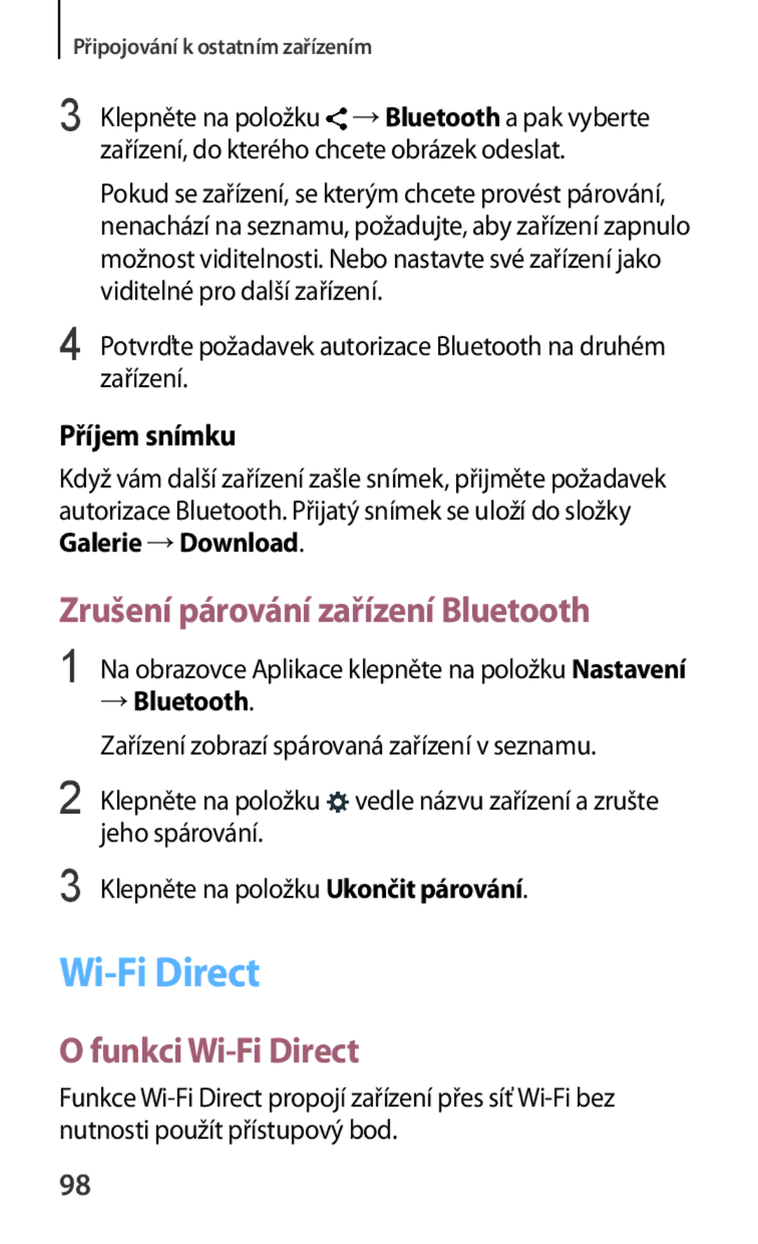 Samsung SM-G130HZANTMZ manual Zrušení párování zařízení Bluetooth, Funkci Wi-Fi Direct, Příjem snímku, →Bluetooth 