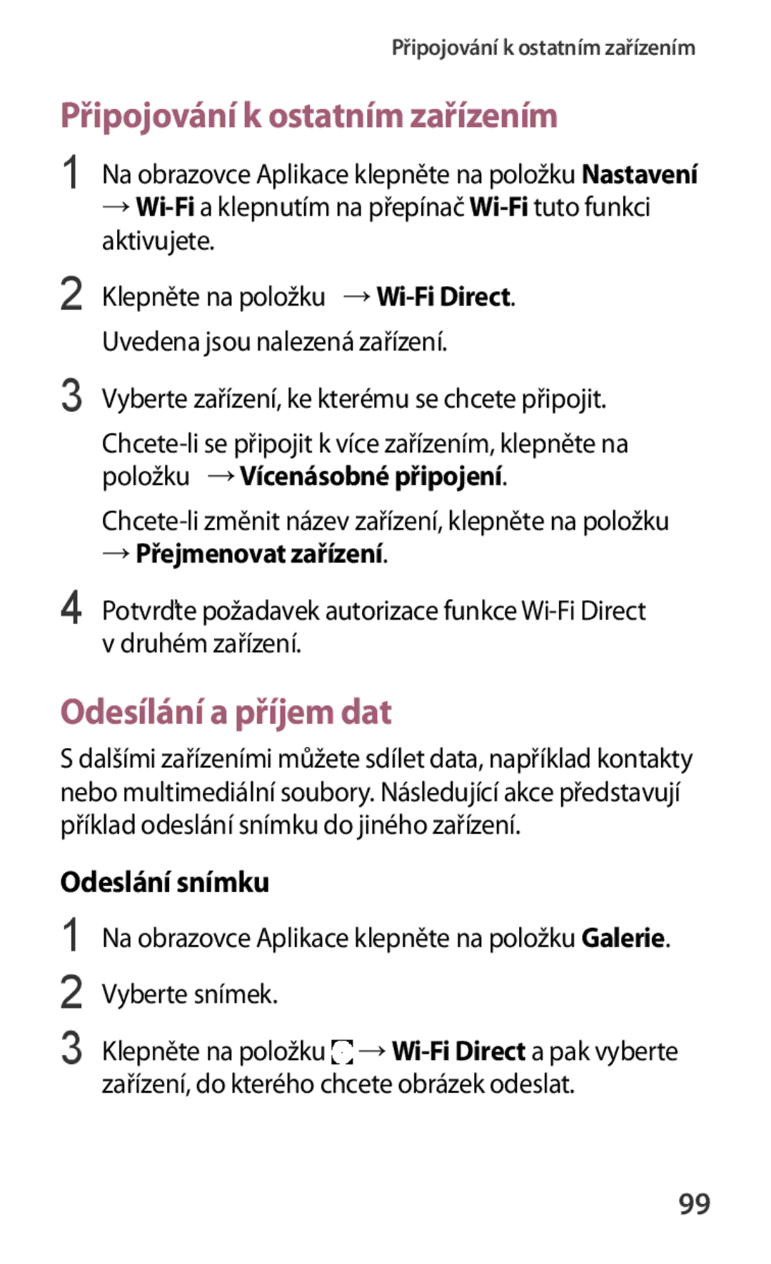 Samsung SM2G130HZANETL, SM-G130HZWNCOS, SM-G130HZWNEUR manual Připojování k ostatním zařízením, → Přejmenovat zařízení 