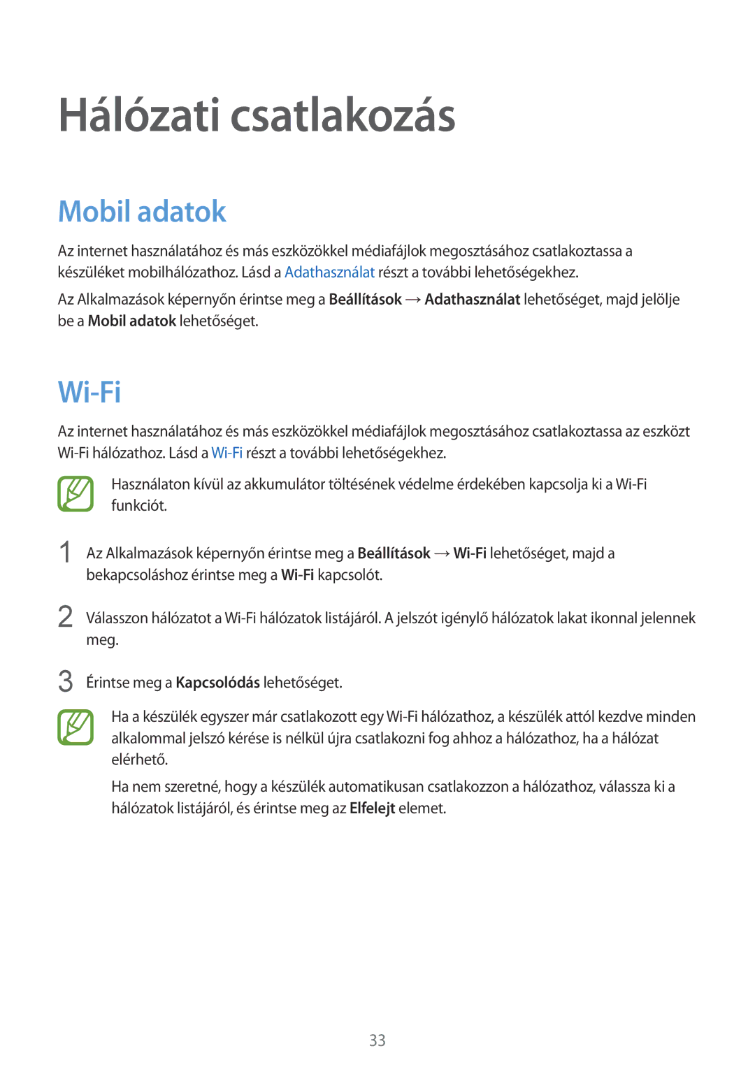 Samsung SM-G130HZWNPAN, SM-G130HZWNCOS, SM-G130HZWNEUR, SM-G130HZANCOS manual Hálózati csatlakozás, Mobil adatok, Wi-Fi 