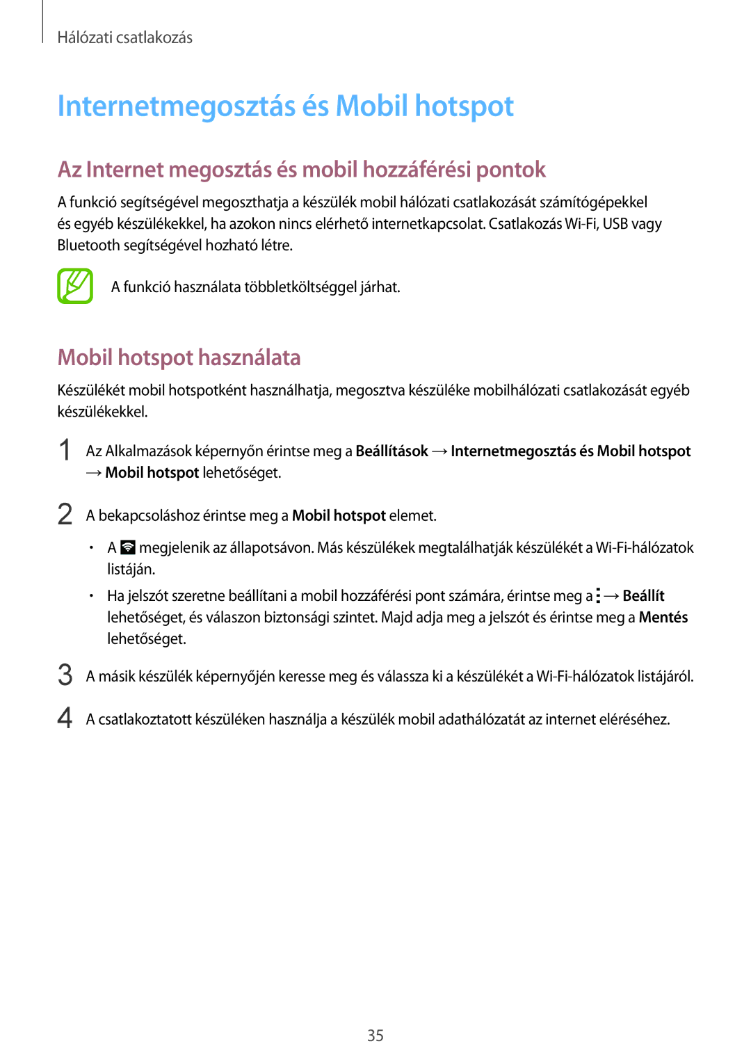 Samsung SM-G130HZANTMS manual Internetmegosztás és Mobil hotspot, Az Internet megosztás és mobil hozzáférési pontok 