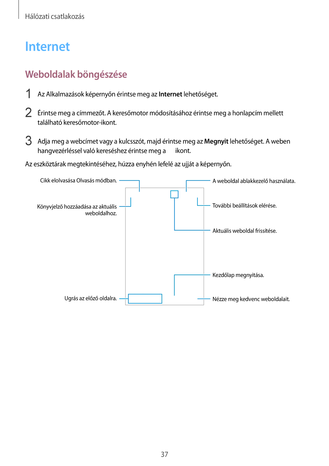 Samsung SM-G130HZANPAN, SM-G130HZWNCOS, SM-G130HZWNEUR, SM-G130HZANCOS, SM-G130HZWNVGR manual Internet, Weboldalak böngészése 