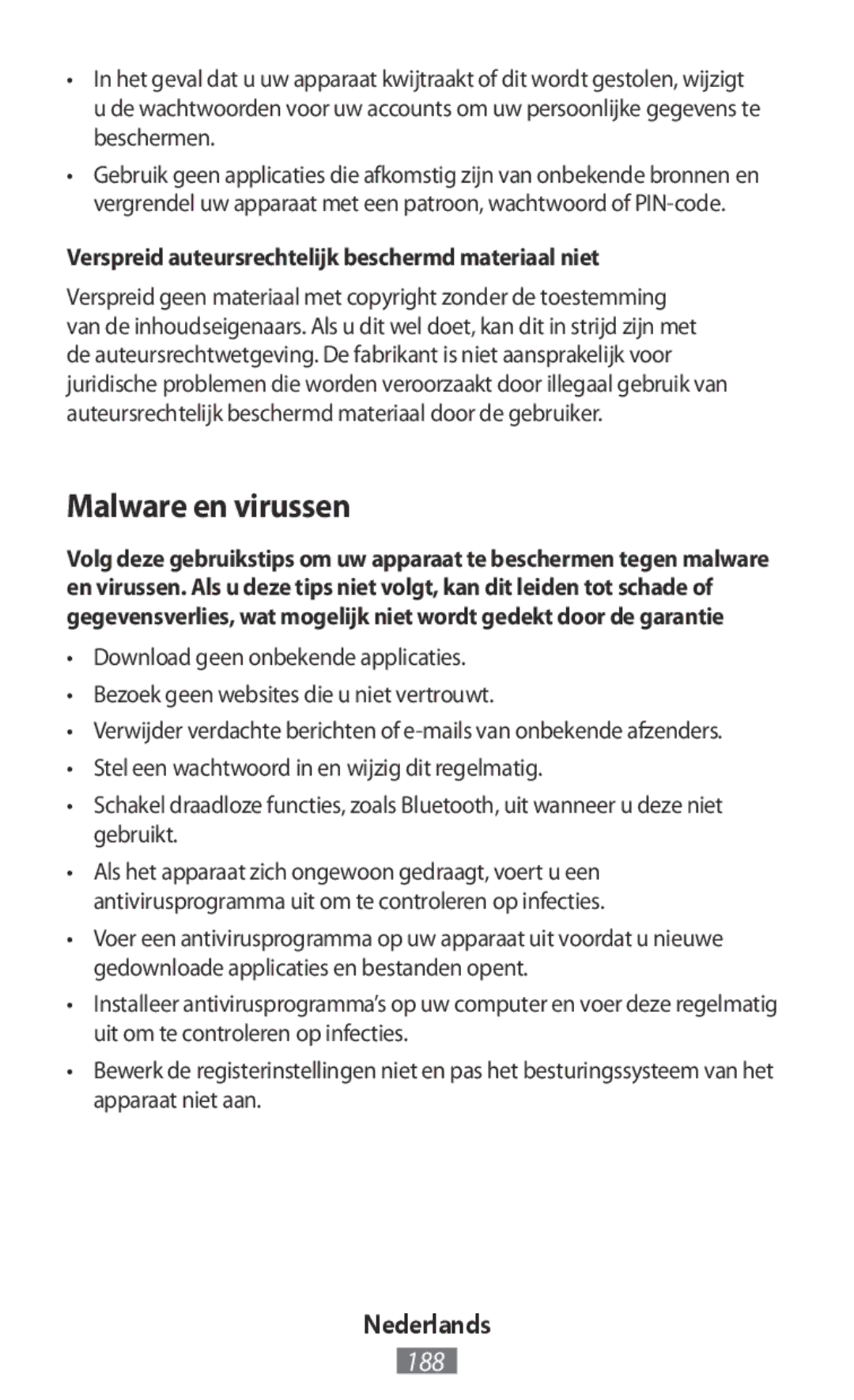 Samsung SM-G130HZANSWR, SM-G130HZWNVDR manual Malware en virussen, Verspreid auteursrechtelijk beschermd materiaal niet 