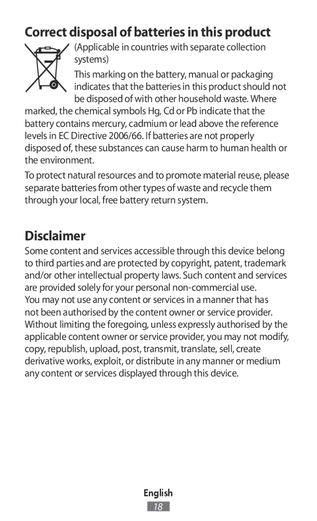 Samsung SM-G130HZANEUR, SM-G130HZWNVDR, SM-G130HZWNDDE, SM-G130HZWNDBT manual Correct disposal of batteries in this product 