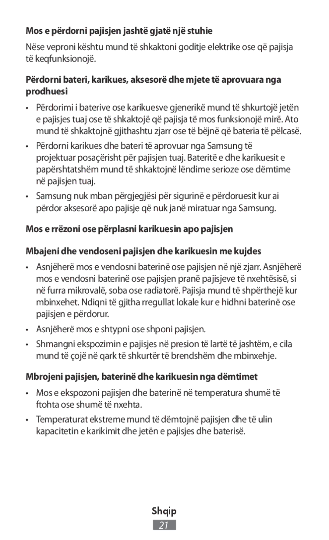 Samsung SM-G130HZANFTM manual Mos e përdorni pajisjen jashtë gjatë një stuhie, Asnjëherë mos e shtypni ose shponi pajisjen 