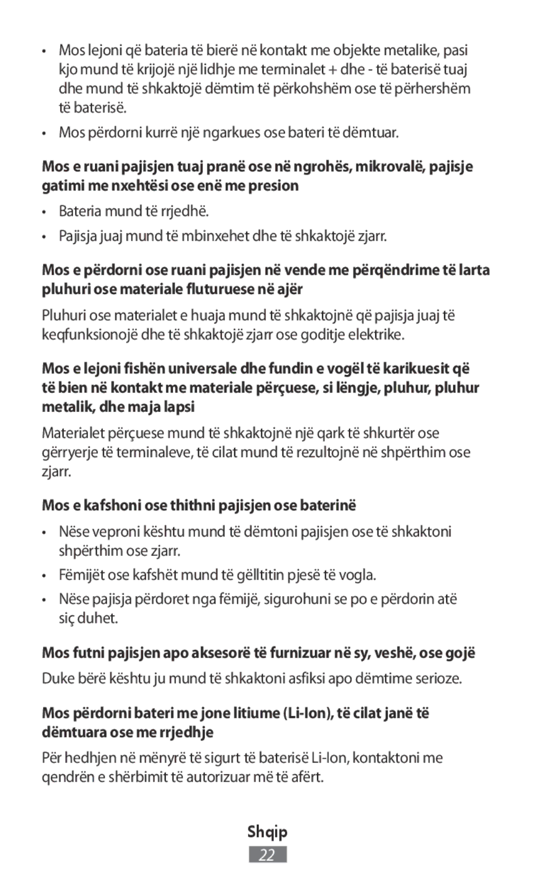 Samsung SM-G130HZWNXEF, SM-G130HZWNVDR, SM-G130HZWNDDE, SM-G130HZWNDBT manual Mos e kafshoni ose thithni pajisjen ose baterinë 