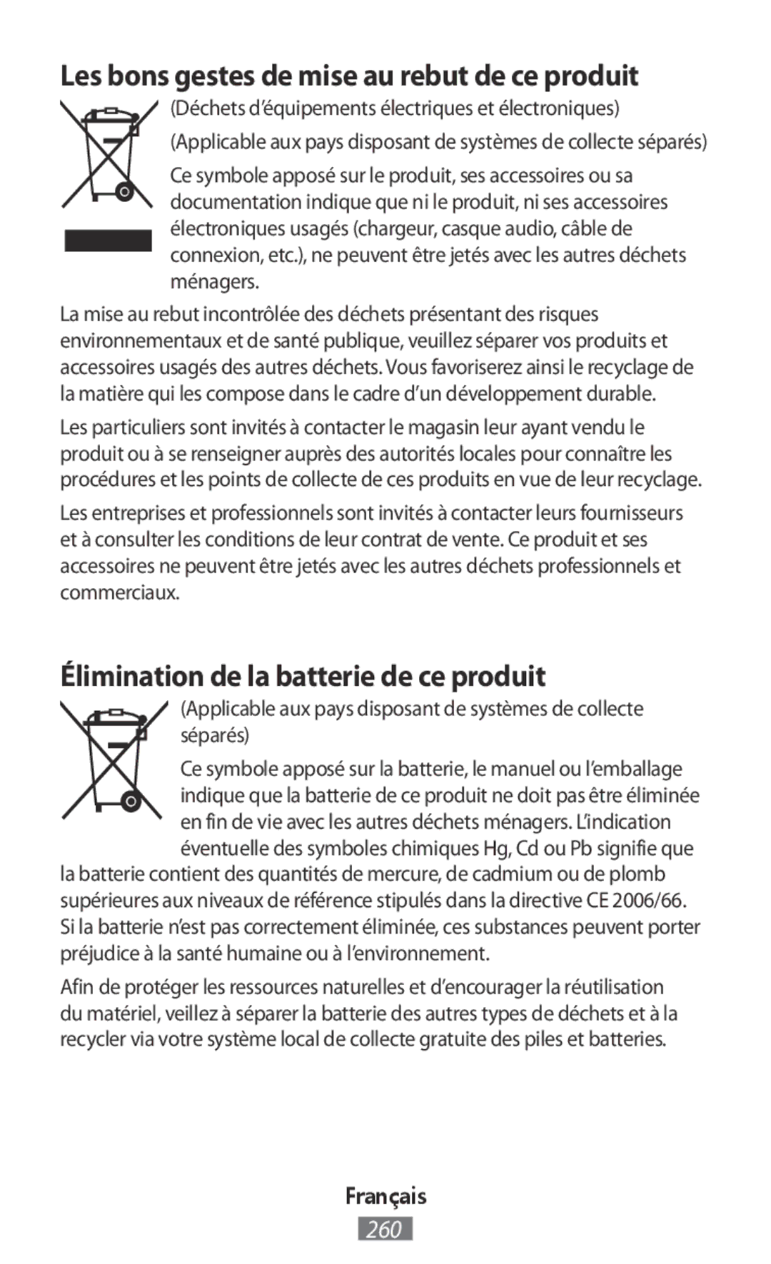 Samsung SM-G130HZWAKSA manual Élimination de la batterie de ce produit, Les bons gestes de mise au rebut de ce produit 