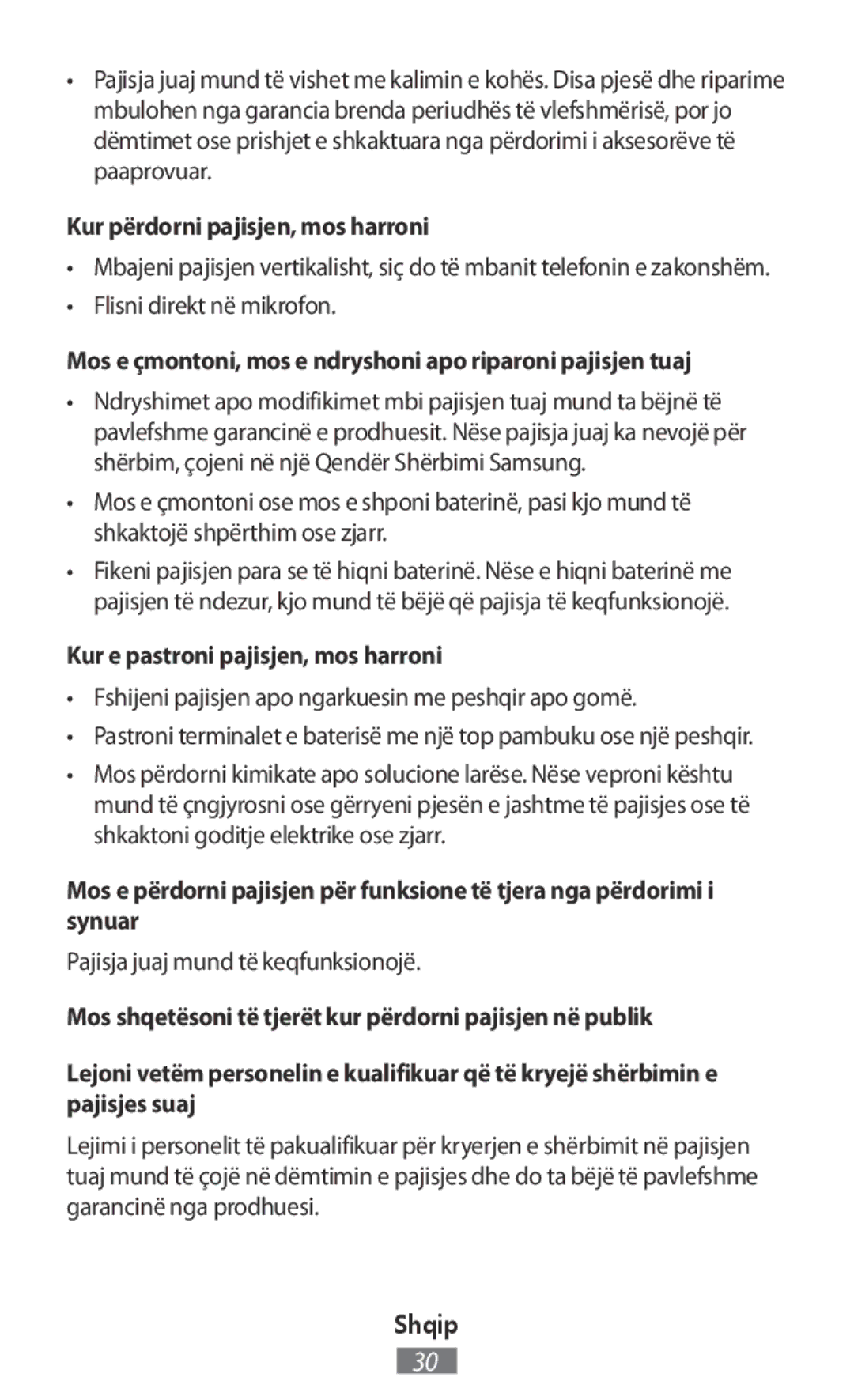 Samsung SM-G130HZANPHE Kur përdorni pajisjen, mos harroni, Flisni direkt në mikrofon, Kur e pastroni pajisjen, mos harroni 