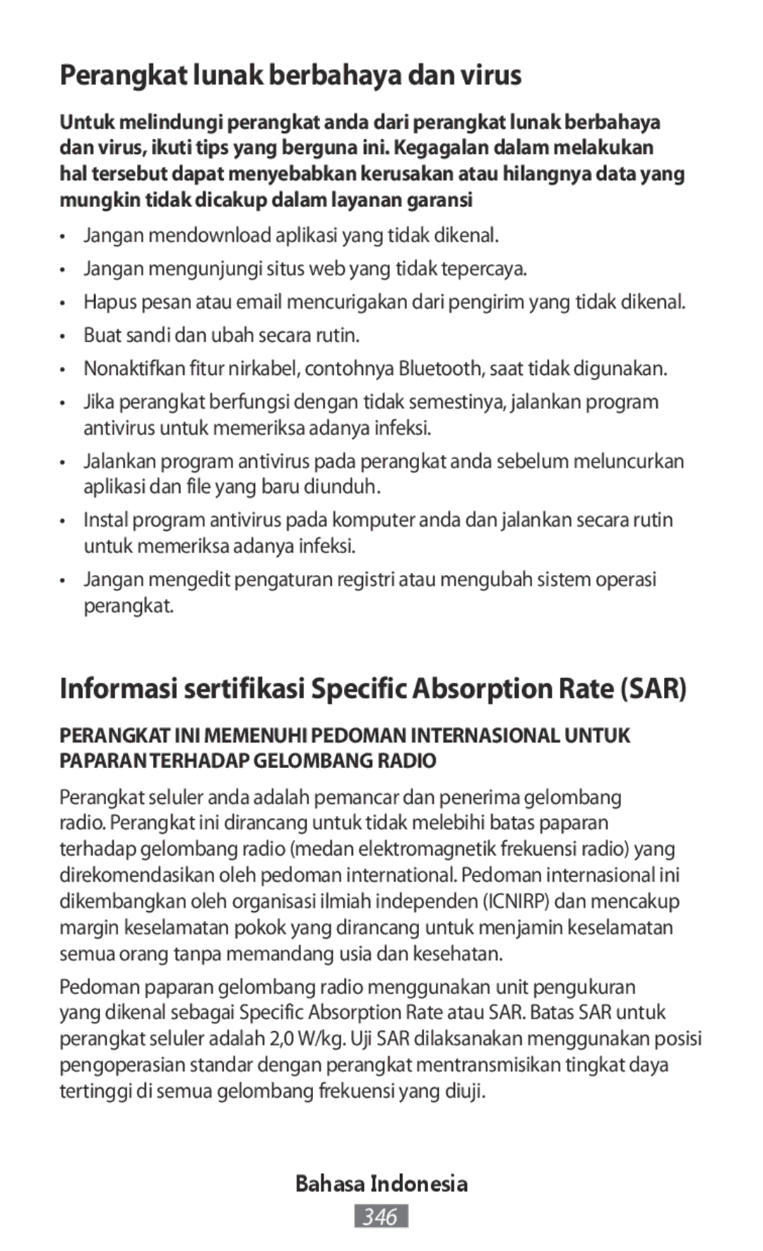 Samsung SM-G130HZWNPHE manual Perangkat lunak berbahaya dan virus, Informasi sertifikasi Specific Absorption Rate SAR 