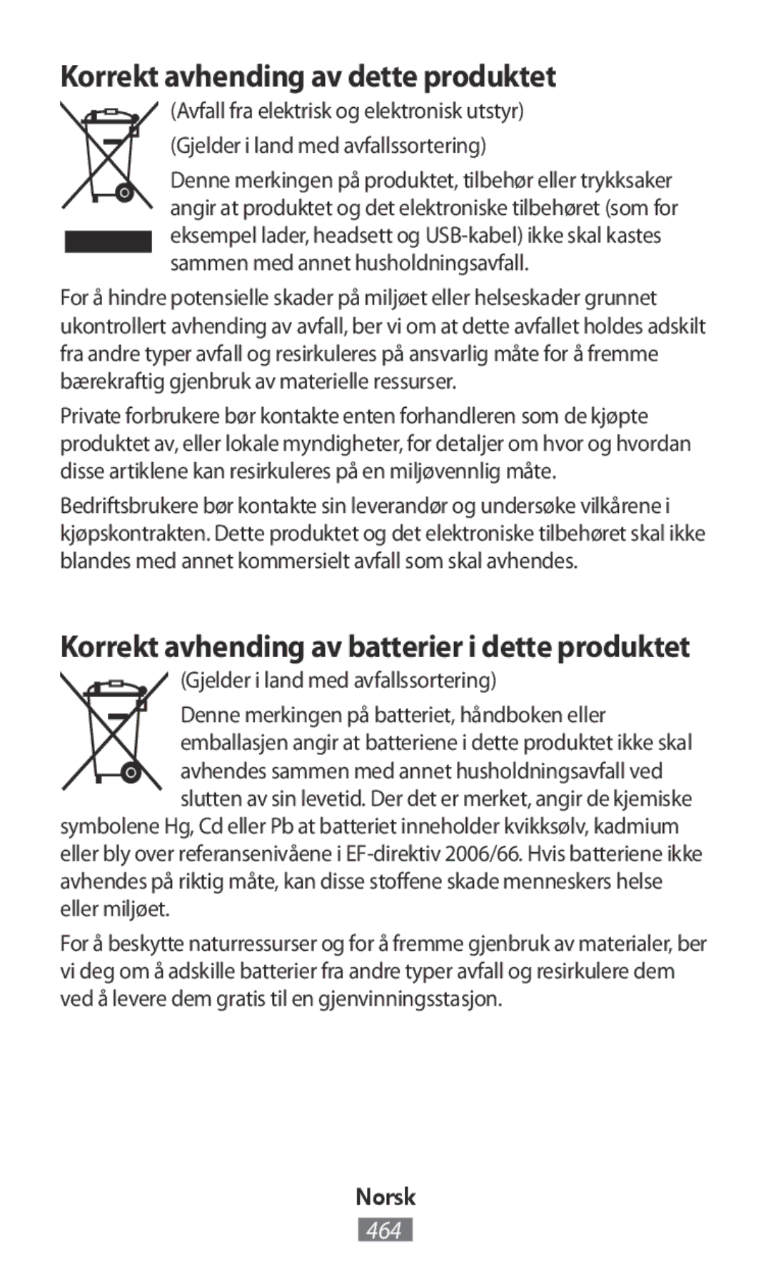 Samsung SM-G130HZWDXSG, SM-G130HZWNVDR manual Korrekt avhending av dette produktet, Gjelder i land med avfallssortering 