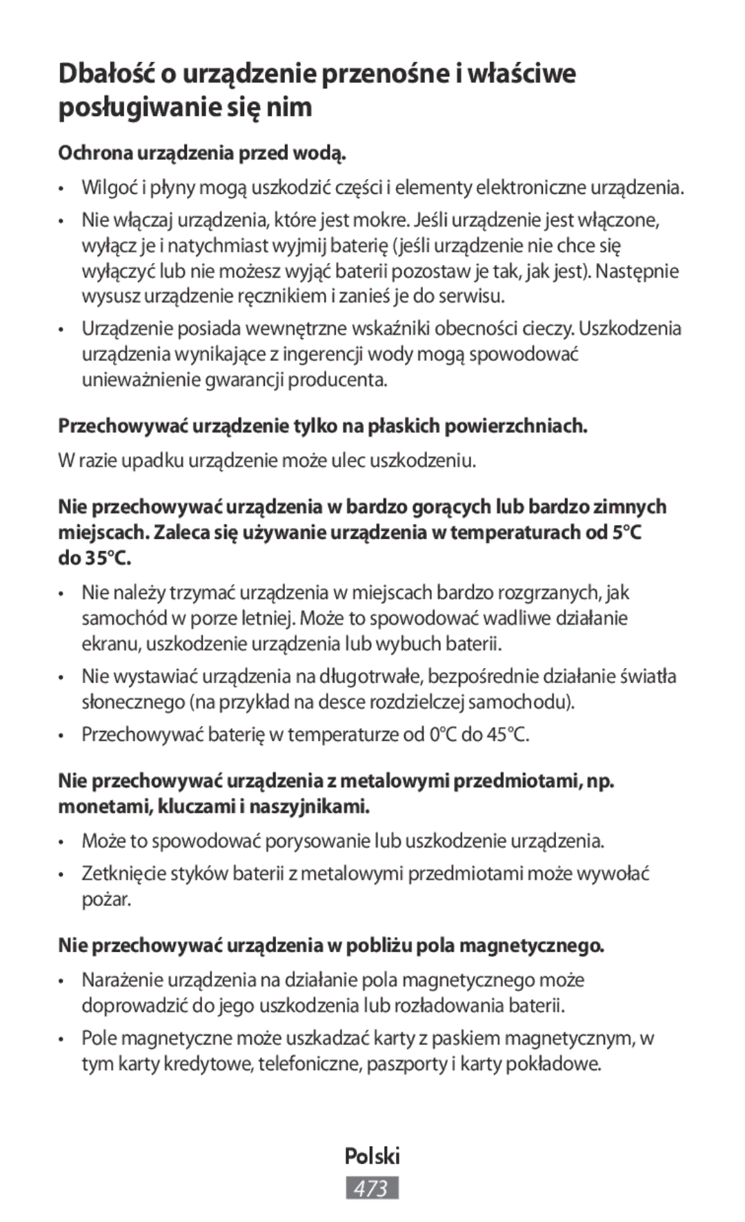 Samsung SM-G130HZADLYS manual Ochrona urządzenia przed wodą, Przechowywać urządzenie tylko na płaskich powierzchniach 