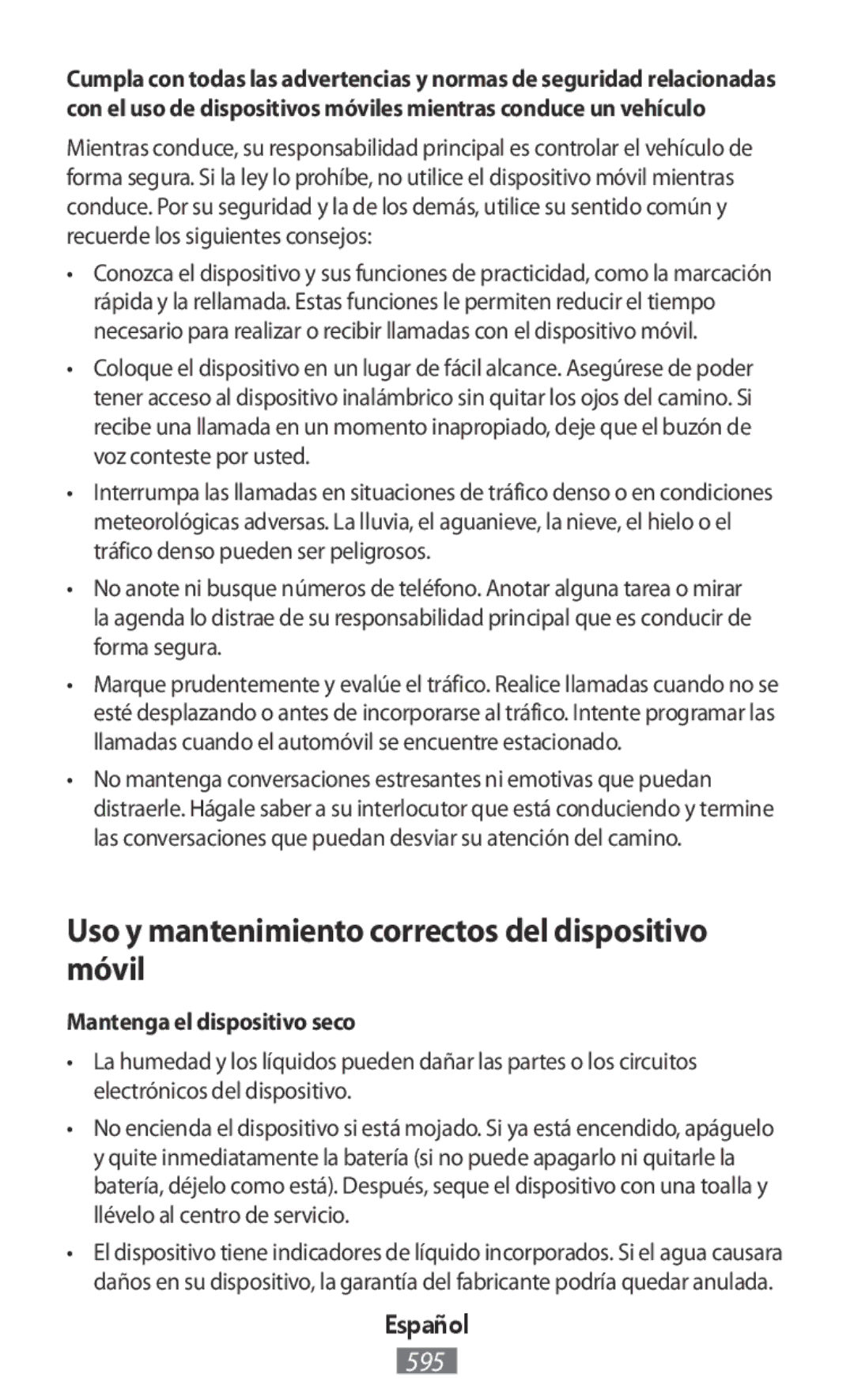 Samsung SM-G130HZANTMZ, SM-G130HZWNVDR Uso y mantenimiento correctos del dispositivo móvil, Mantenga el dispositivo seco 