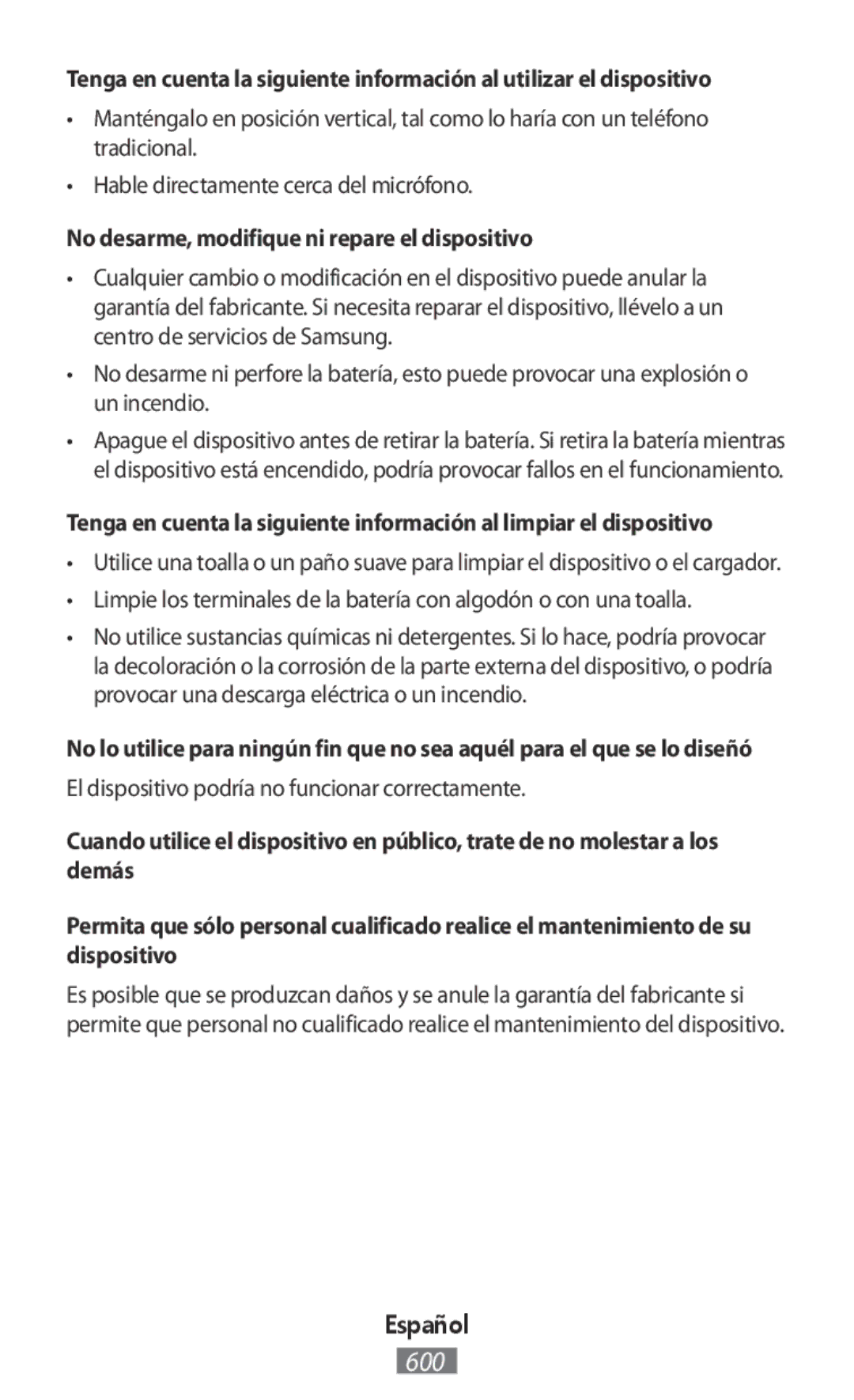 Samsung SM-G130HZWNTMH No desarme, modifique ni repare el dispositivo, El dispositivo podría no funcionar correctamente 