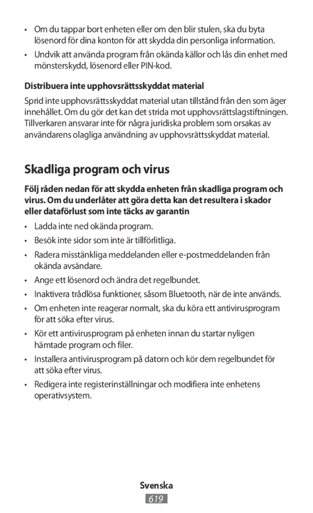 Samsung SM2G130HZANPAN, SM-G130HZWNVDR manual Skadliga program och virus, Distribuera inte upphovsrättsskyddat material 