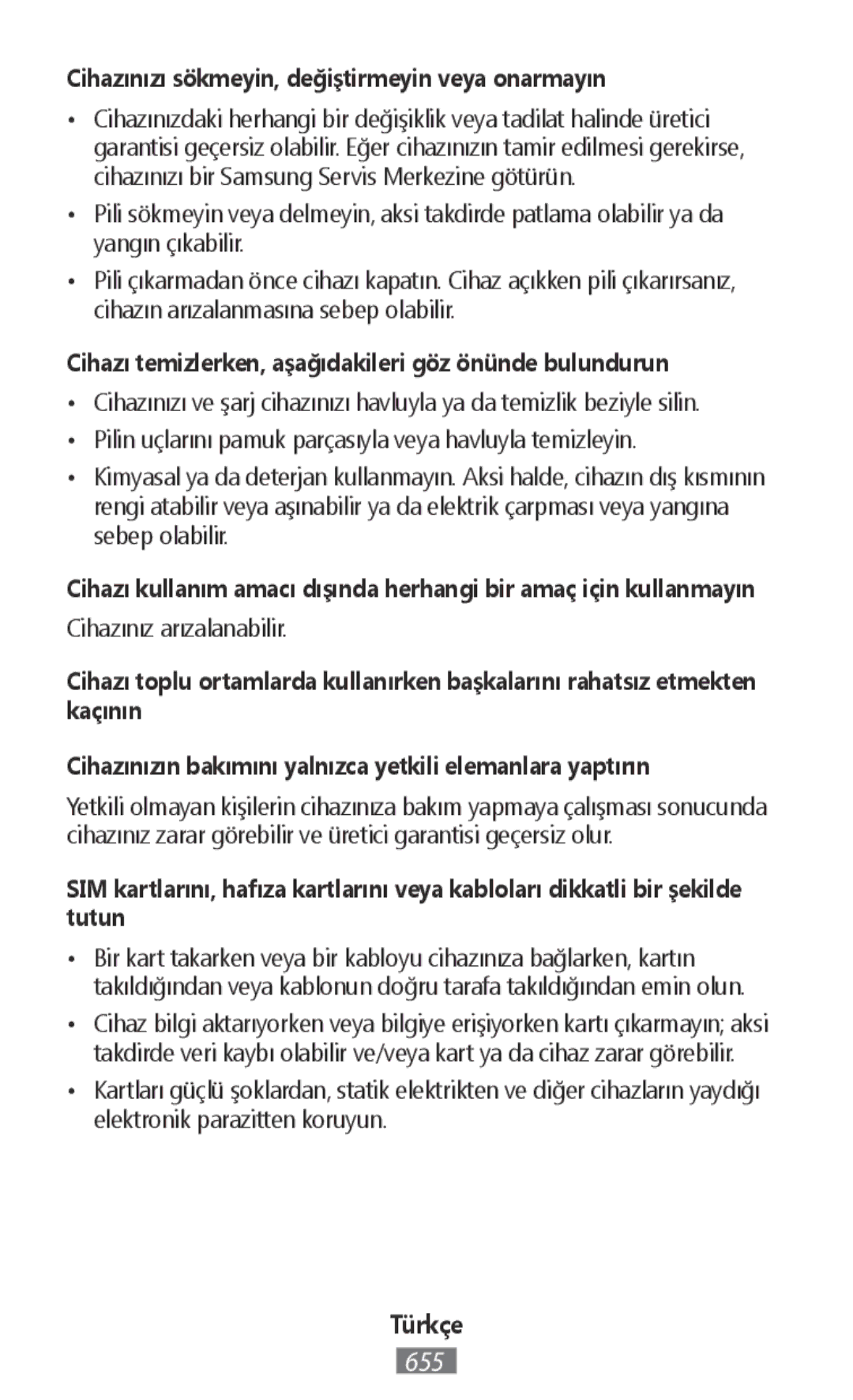 Samsung SM-G130HZANXEC, SM-G130HZWNVDR, SM-G130HZWNDDE, SM-G130HZWNDBT Cihazınızı sökmeyin, değiştirmeyin veya onarmayın 