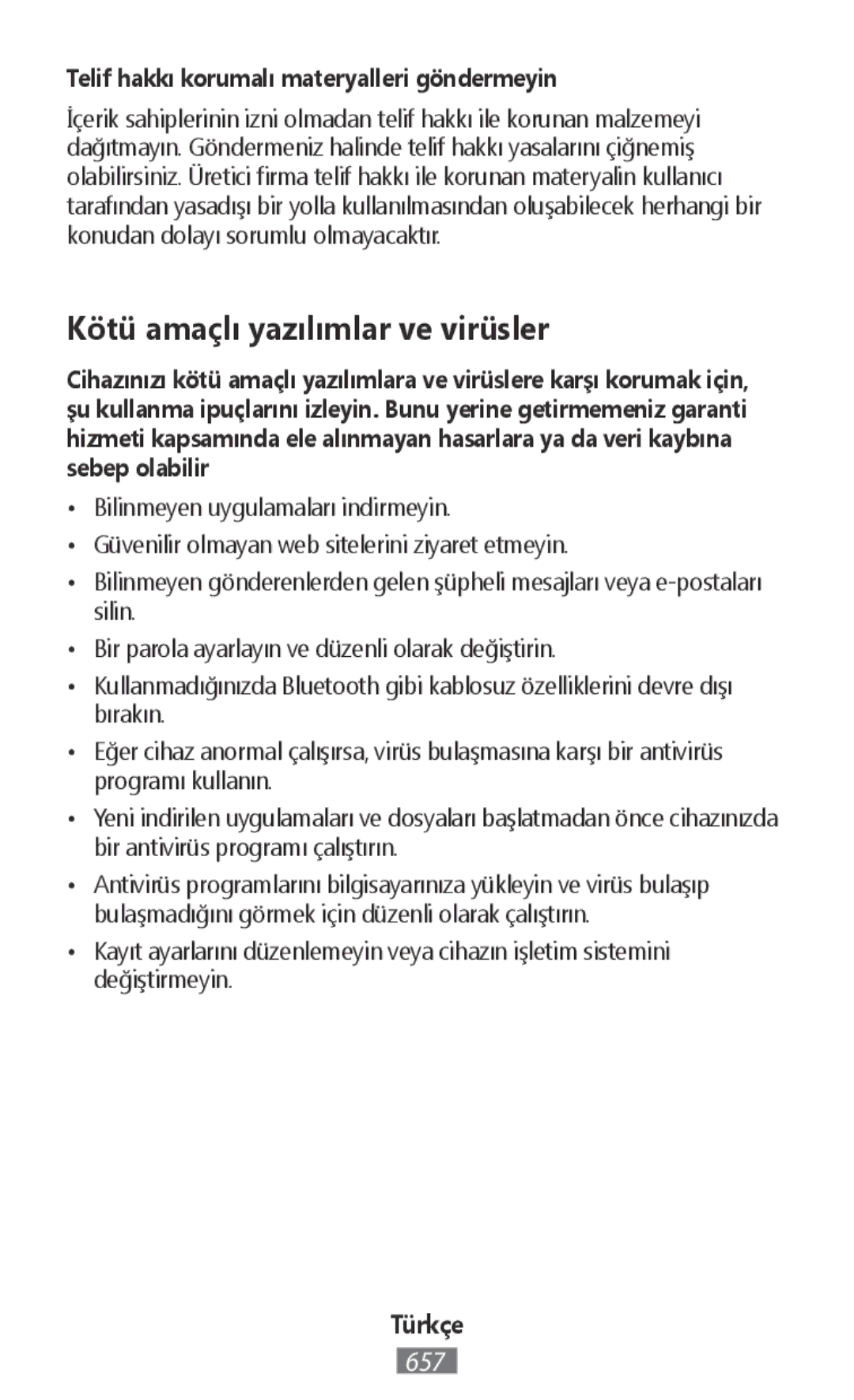 Samsung SM-G130HZANATL, SM-G130HZWNVDR Kötü amaçlı yazılımlar ve virüsler, Telif hakkı korumalı materyalleri göndermeyin 