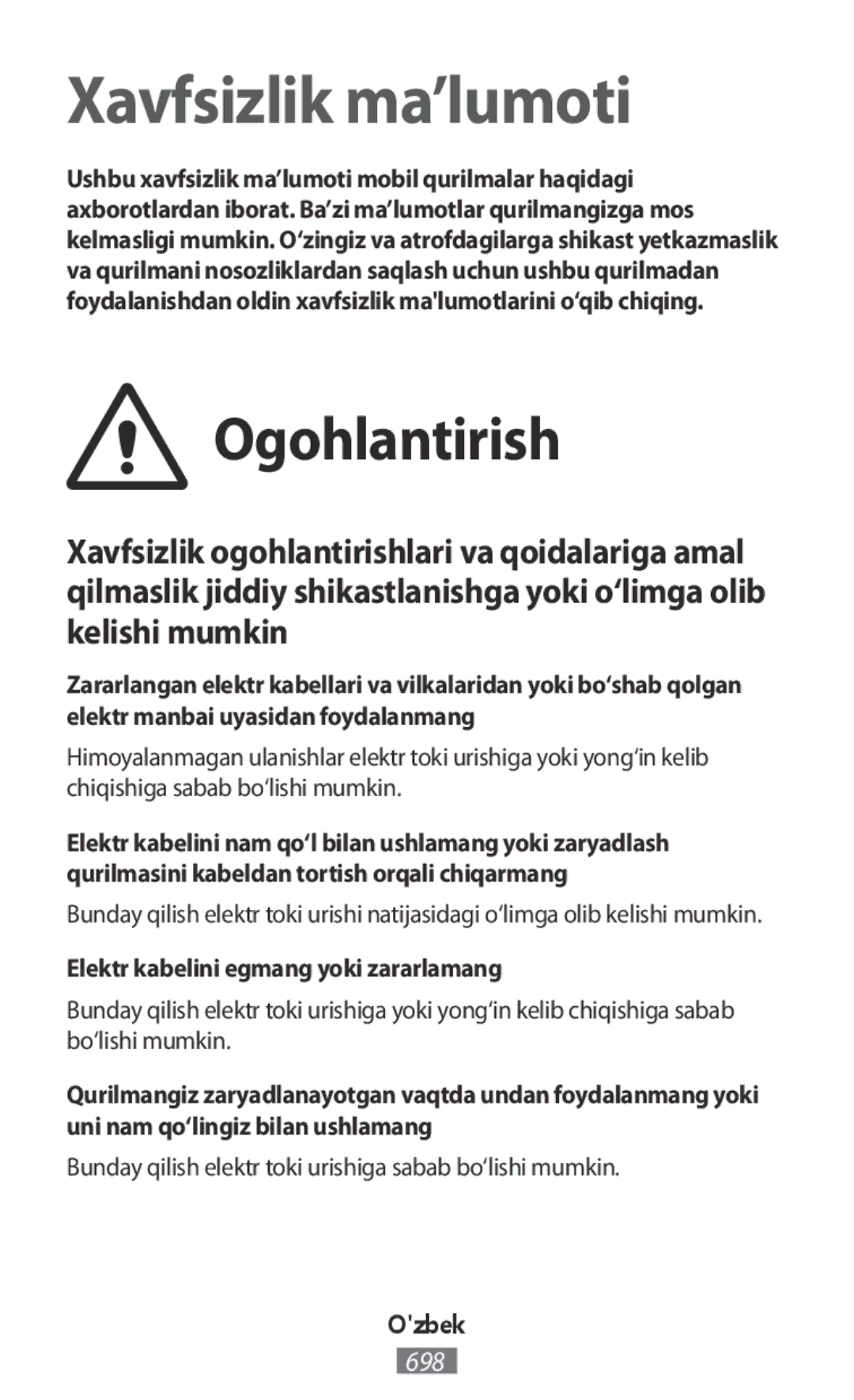 Samsung SM2G130HZWNORS, SM-G130HZWNVDR, SM-G130HZWNDDE manual Ogohlantirish, Elektr kabelini egmang yoki zararlamang, Ozbek 