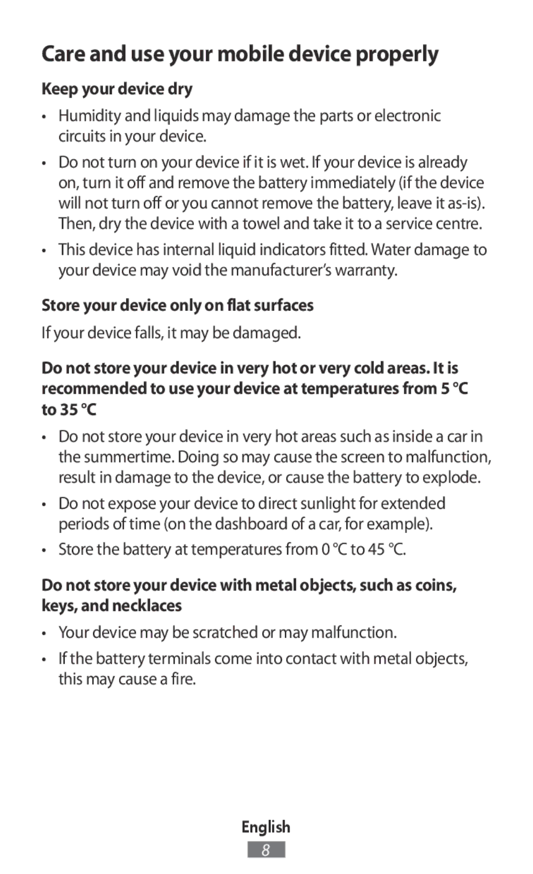 Samsung SM-G130HZANTCL, SM-G130HZWNVDR, SM-G130HZWNDDE manual Care and use your mobile device properly, Keep your device dry 