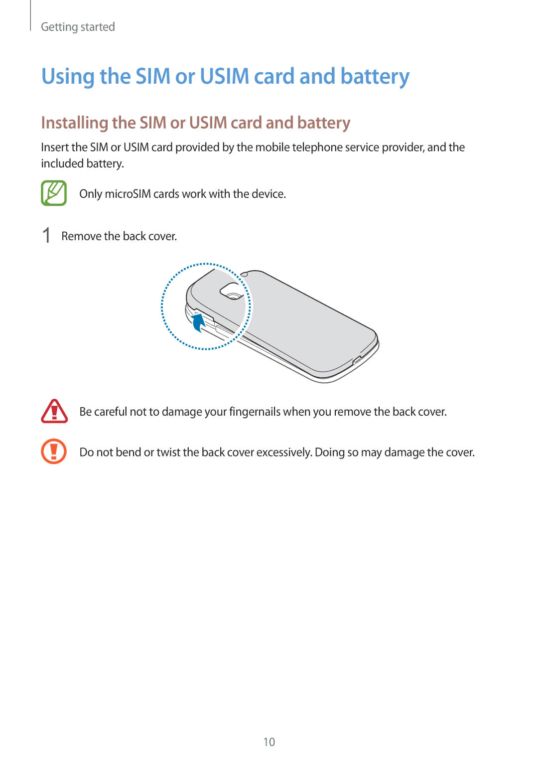 Samsung SM-G130HZANCOS, SM-G130HZWNVDR Using the SIM or Usim card and battery, Installing the SIM or Usim card and battery 