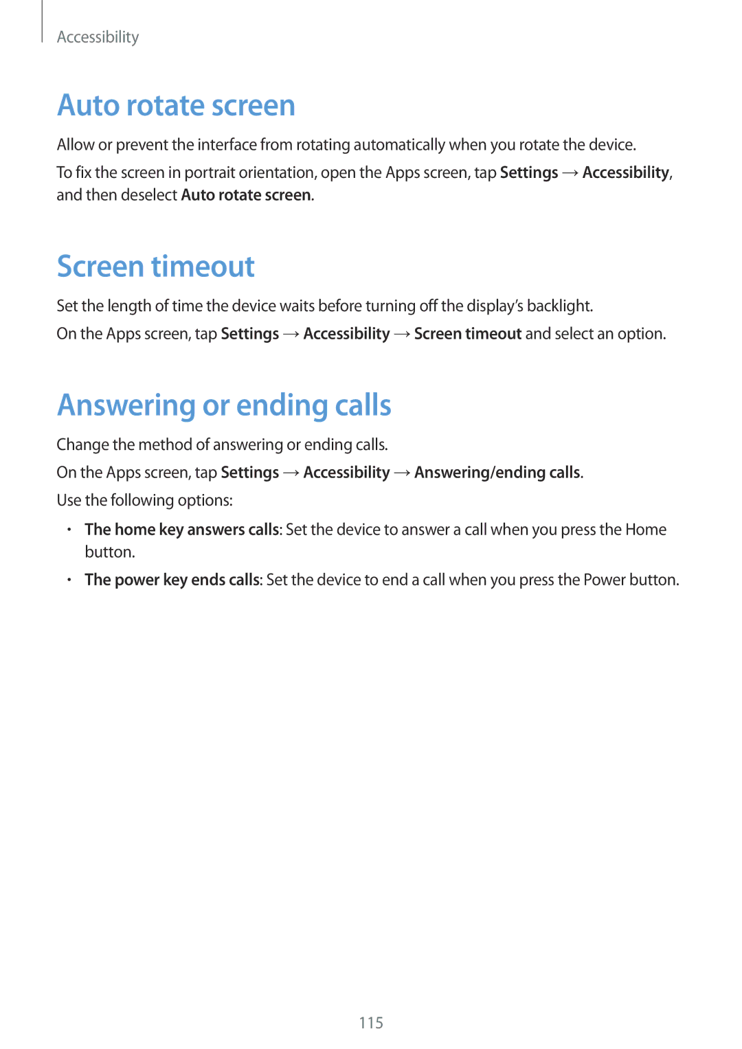 Samsung SM-G130HZANSEE, SM-G130HZWNVDR, SM-G130HZWNDDE manual Auto rotate screen, Screen timeout, Answering or ending calls 