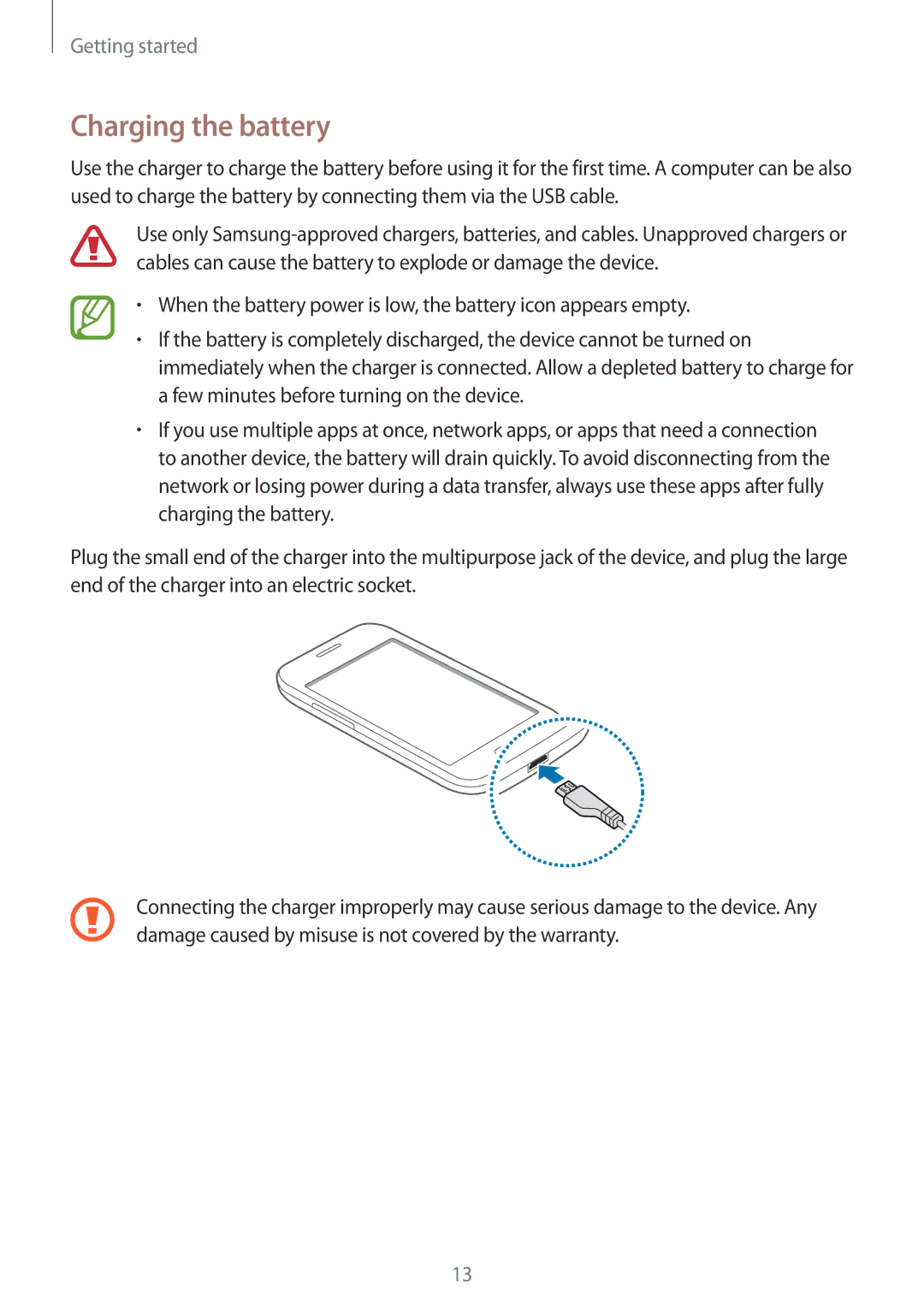 Samsung SM-G130HZWNTCL, SM-G130HZWNVDR, SM-G130HZWNDDE, SM-G130HZWNDBT, SM-G130HZANSEB, SM2G130HZWNDDE Charging the battery 