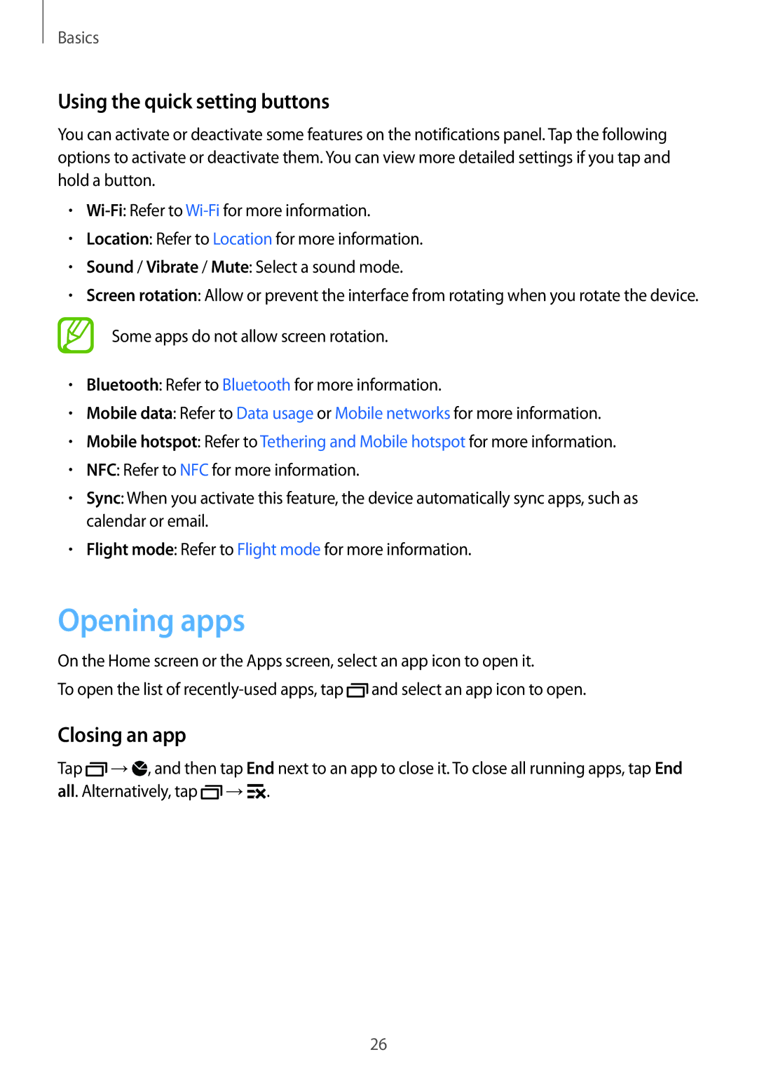 Samsung SM-G130HZANXEC, SM-G130HZWNVDR, SM-G130HZWNDDE manual Opening apps, Using the quick setting buttons, Closing an app 