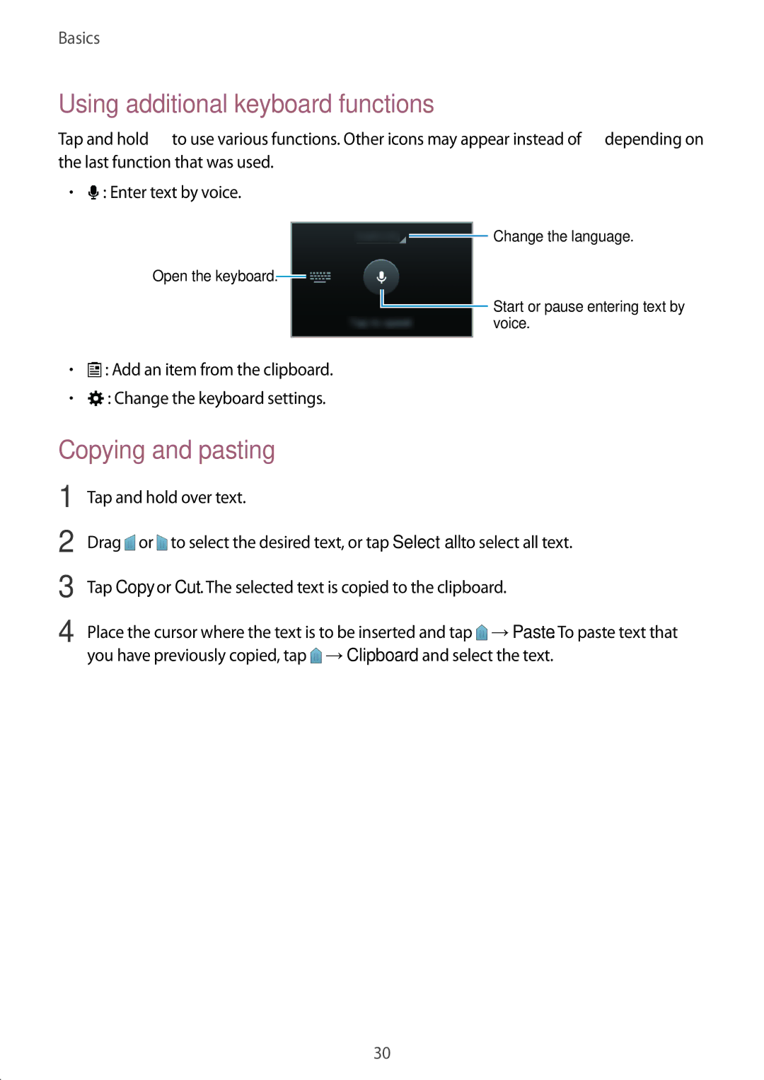 Samsung SM-G130HZWAMWD, SM-G130HZWNVDR, SM-G130HZWNDDE manual Using additional keyboard functions, Copying and pasting 