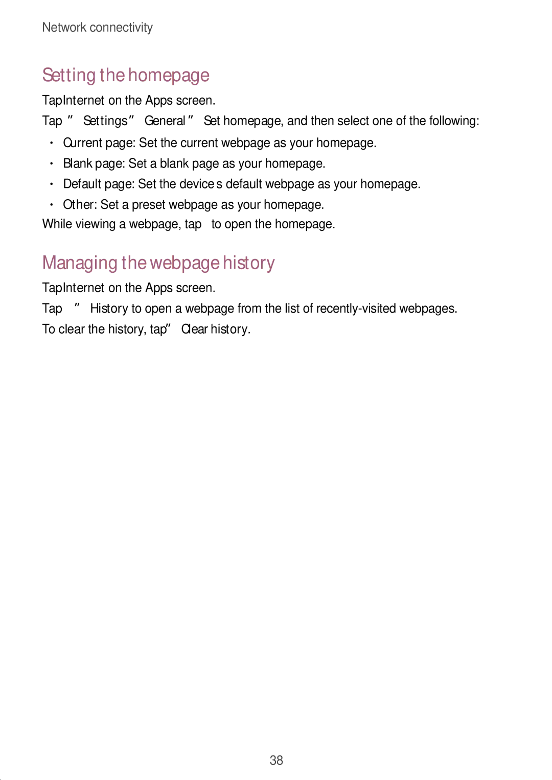 Samsung SM-G130HZWNSWR, SM-G130HZWNVDR, SM-G130HZWNDDE, SM-G130HZWNDBT Setting the homepage, Managing the webpage history 