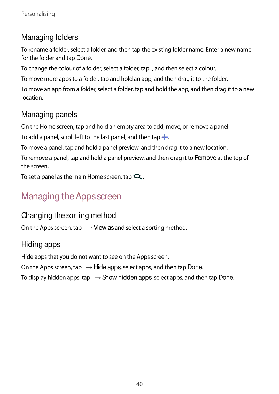 Samsung SM-G130HZANVGR manual Managing the Apps screen, Managing folders, Managing panels, Changing the sorting method 